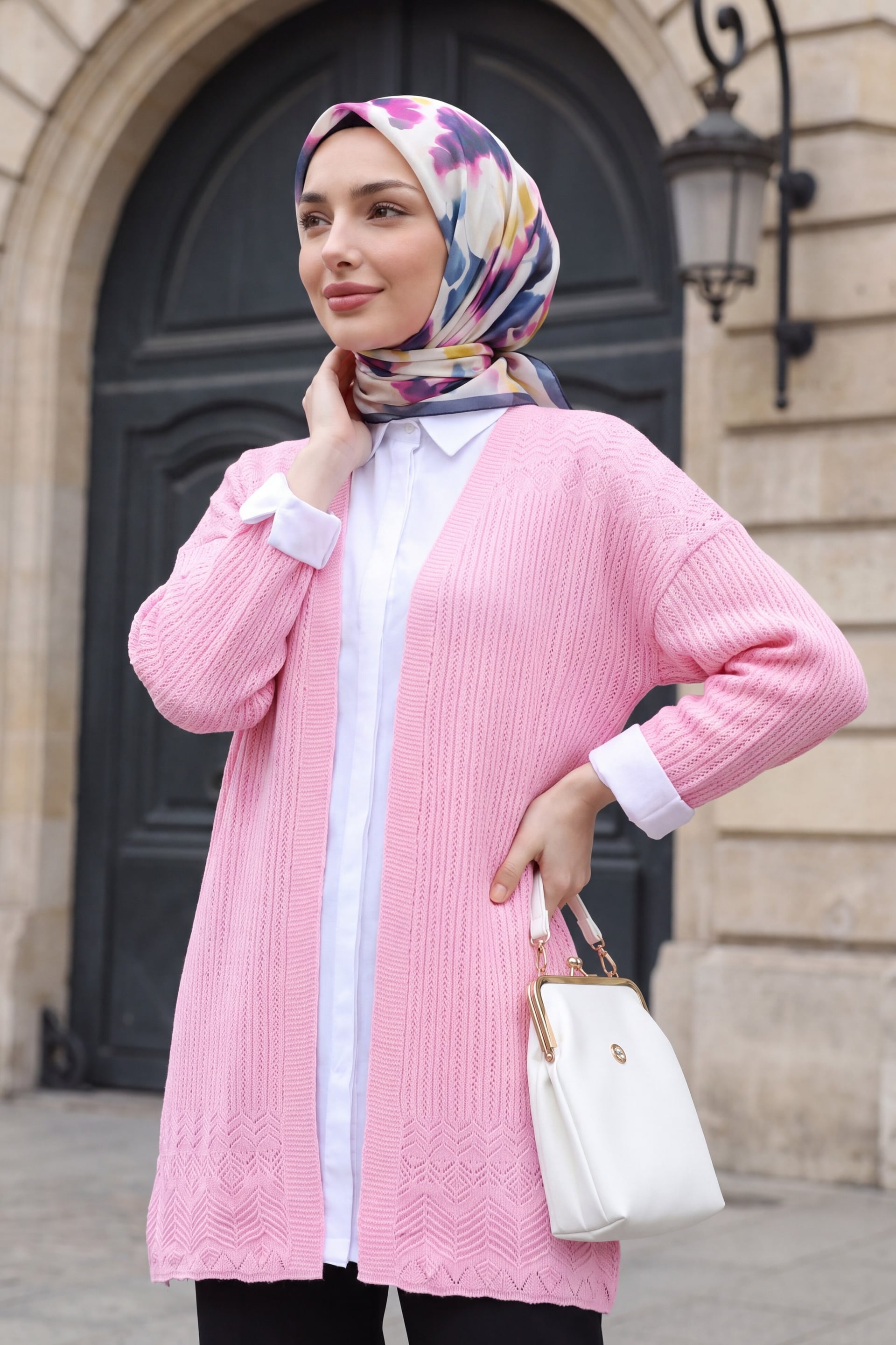 Patterned Skirt Openwork Cardigan - Pink - Podyumplus - by Peralane - photo 3