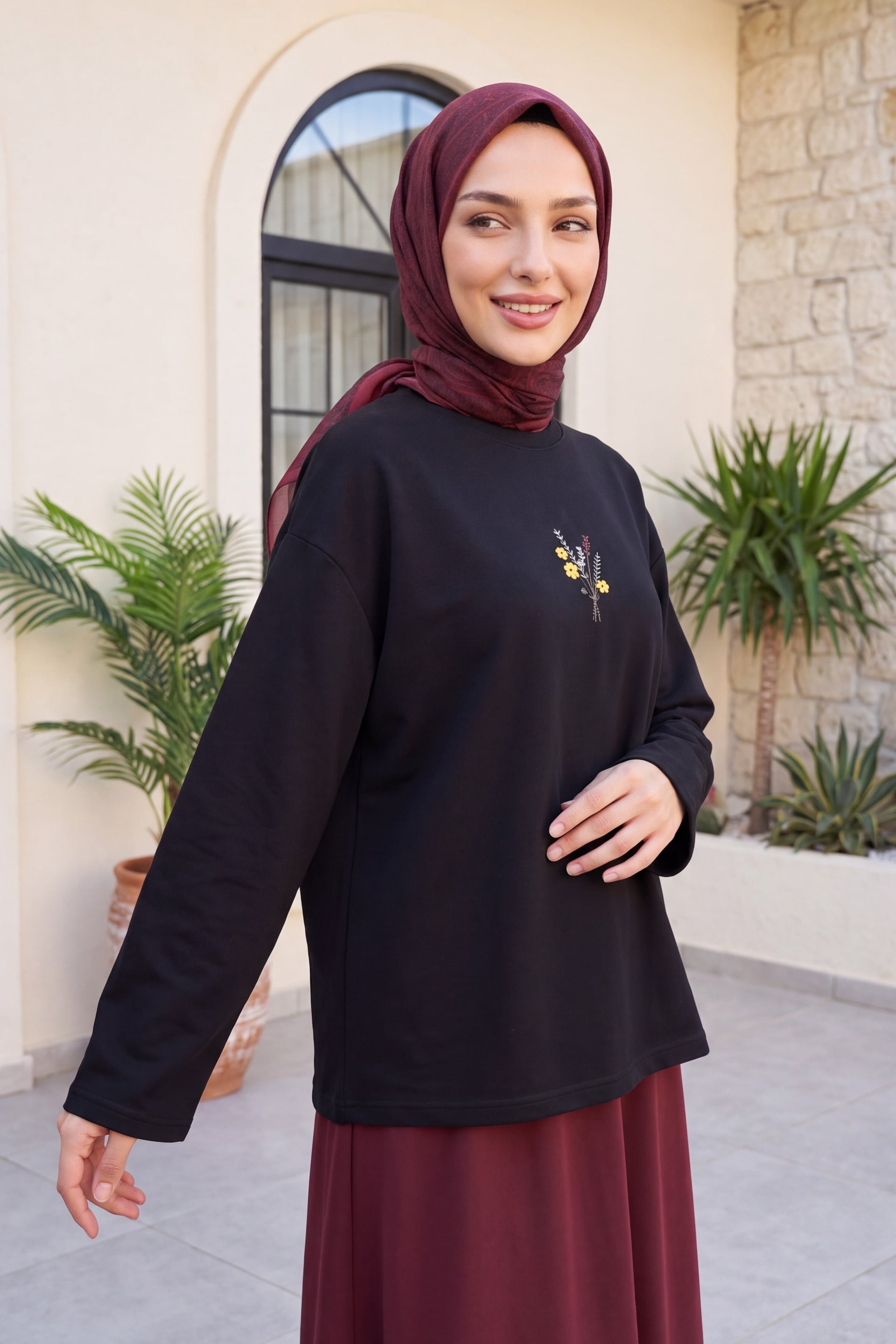 Black Oversized Crew Neck Blouse with Floral Embroidery - Podyumplus - by Peralane - photo 2