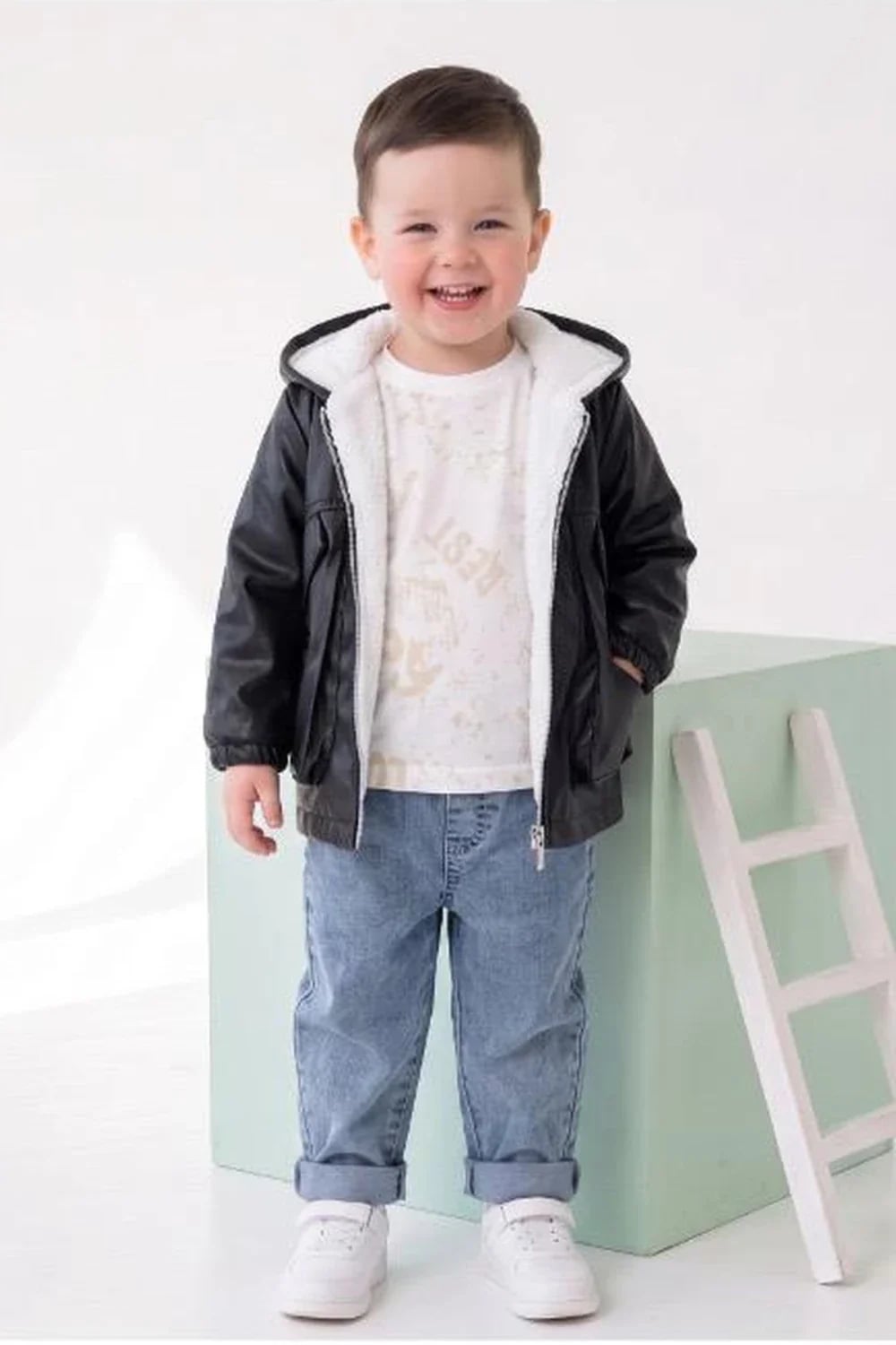 Boys' 4-Piece Set with Faux Leather Jacket, T-Shirt, and Denim Jeans - Black - Has Bereket - by Peralane