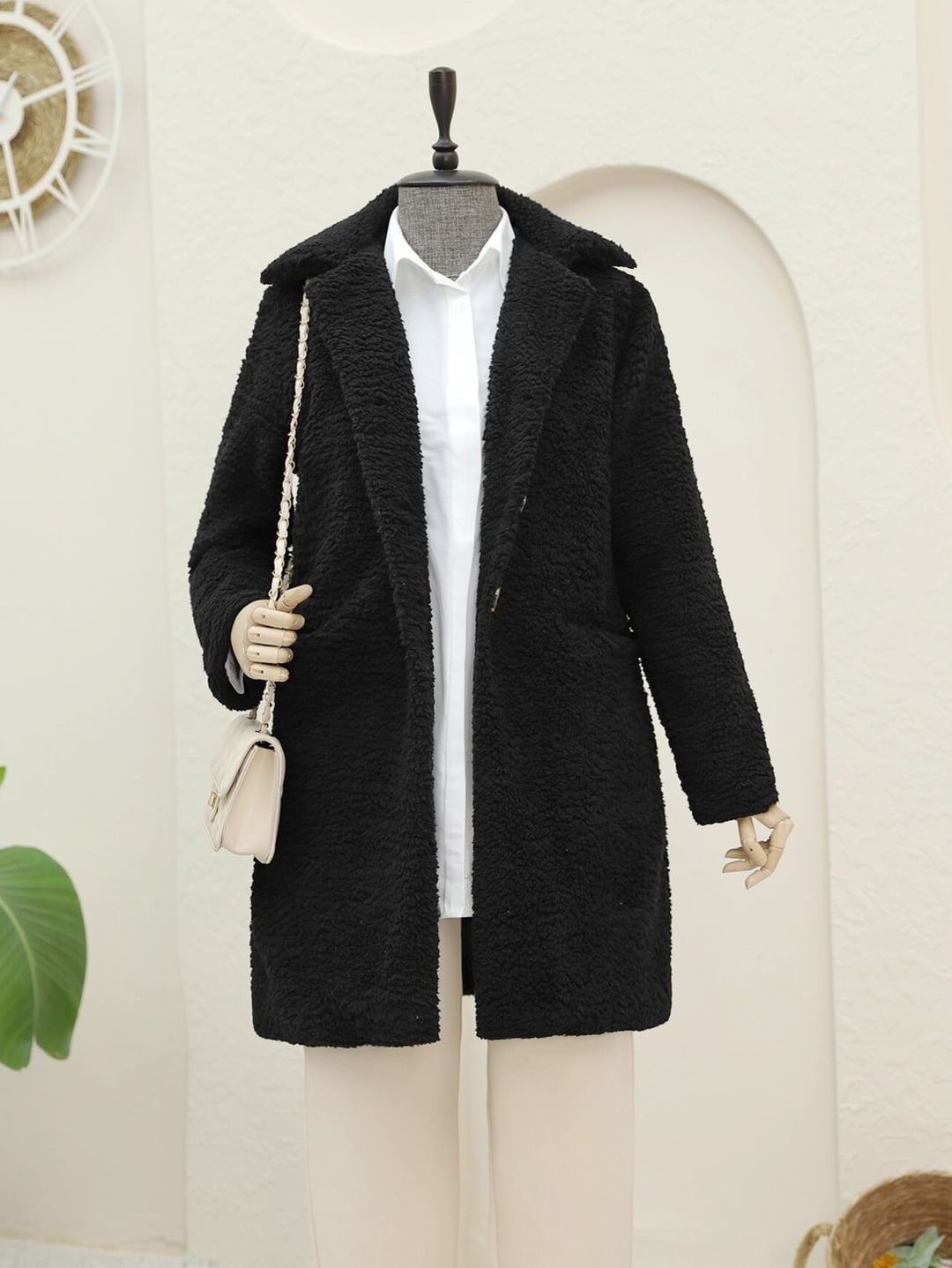 Black Faux Fur Lined Button-Front Coat with Pockets - Podyumplus - by Peralane - photo 6