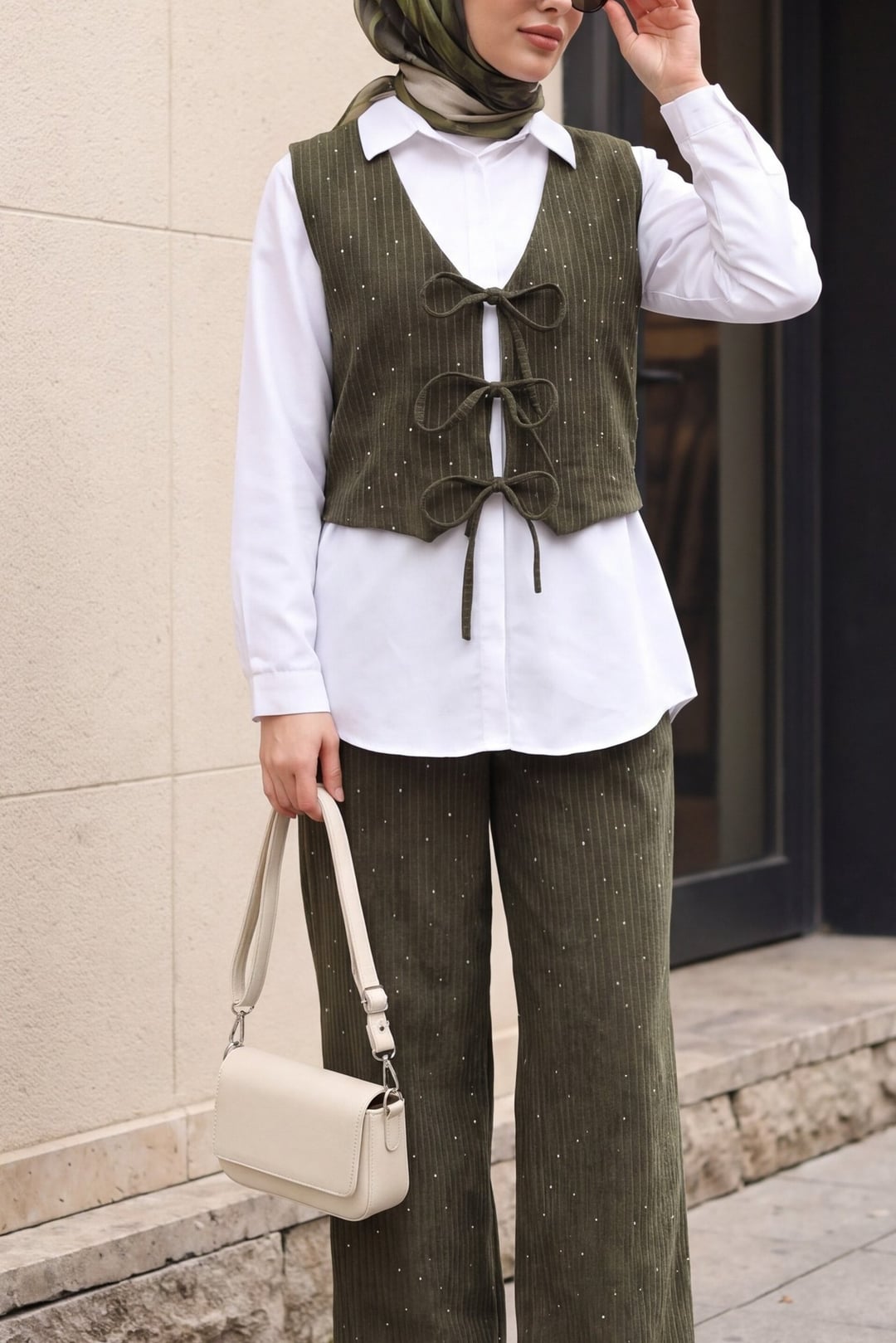 Tie-Front Vest and Pants Corduroy Set - Khaki - Podyumplus - by Peralane - photo 7