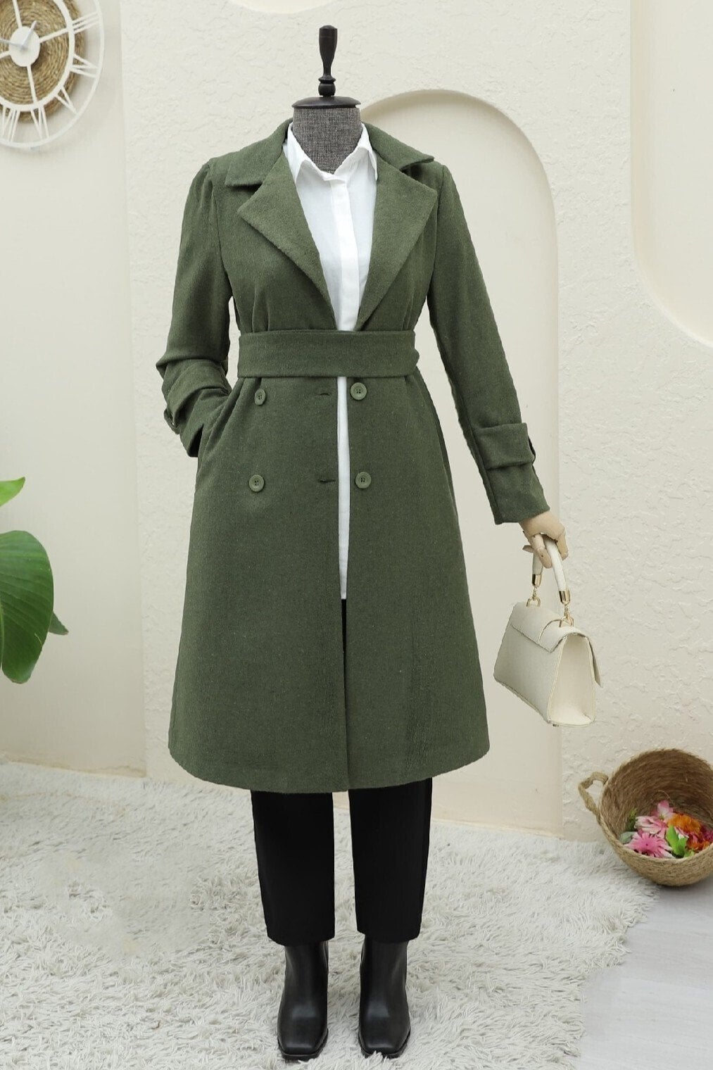 Olive Green Double-Breasted Belted Wool Blend Coat with Back Bolero Detail - Podyumplus - by Peralane - photo 6