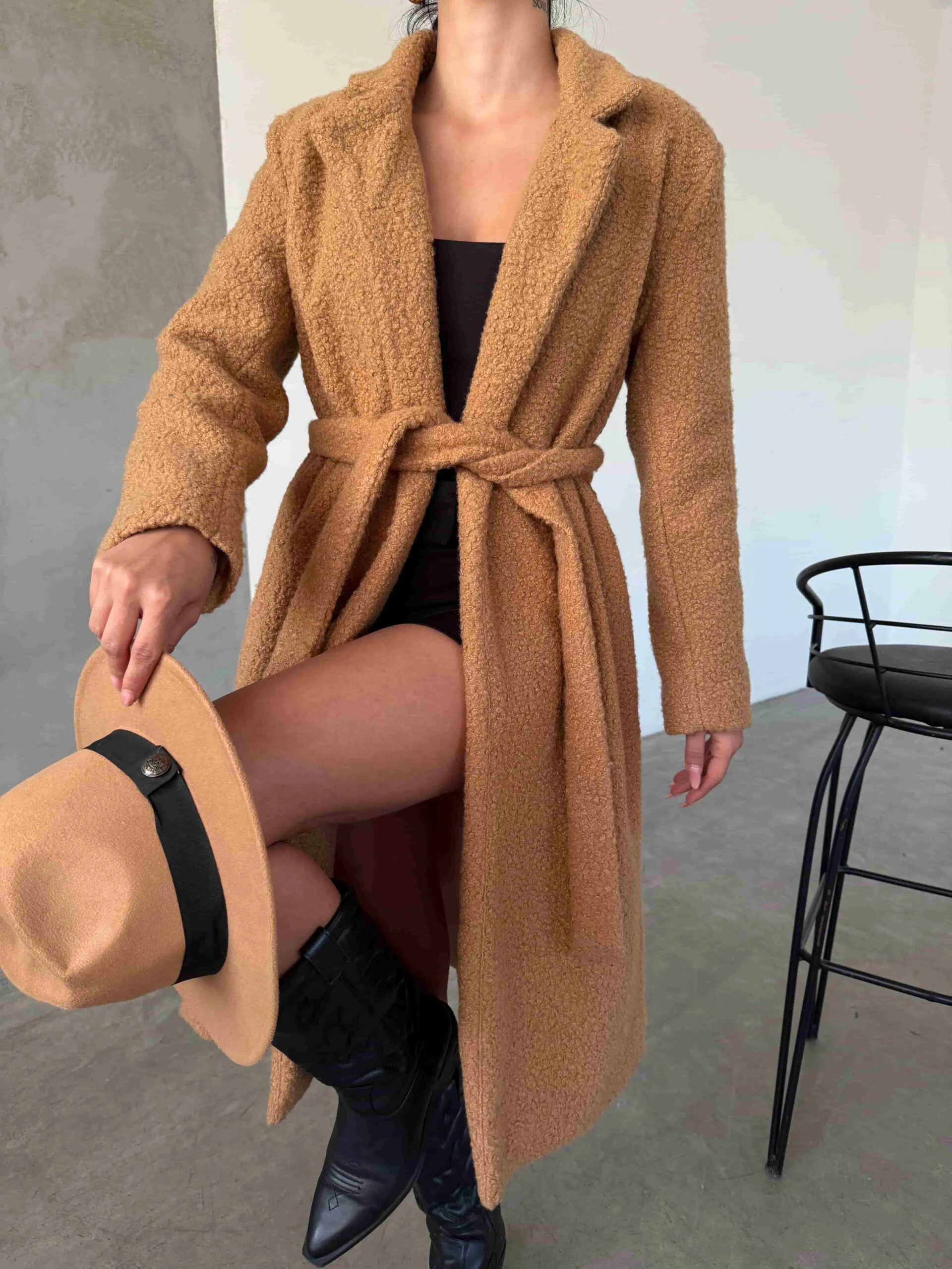 Long Camel Wool Blend Boucle Coat with Tie Belt - My Bee - by Peralane - photo 4