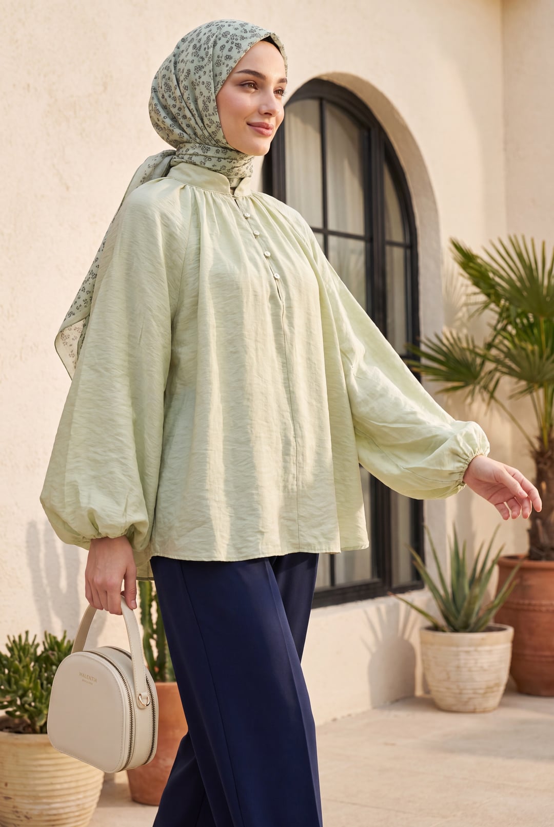 Women's Oversize Voile Tunic and Headscarf Set in Sage Green with Tie Neckline - Podyumplus - by Peralane - photo 3