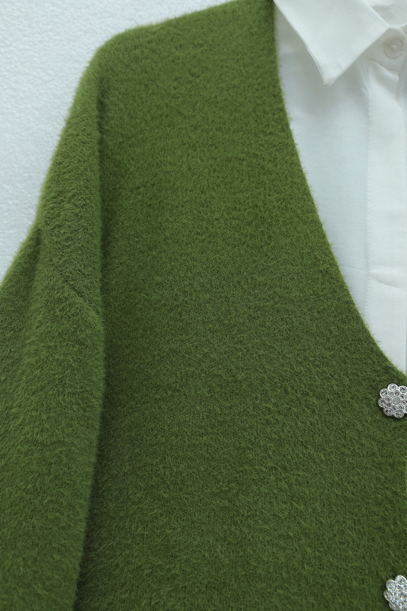 Button-Front Fuzzy Knit Cardigan - Olive Green - Podyumplus - by Peralane - photo 4