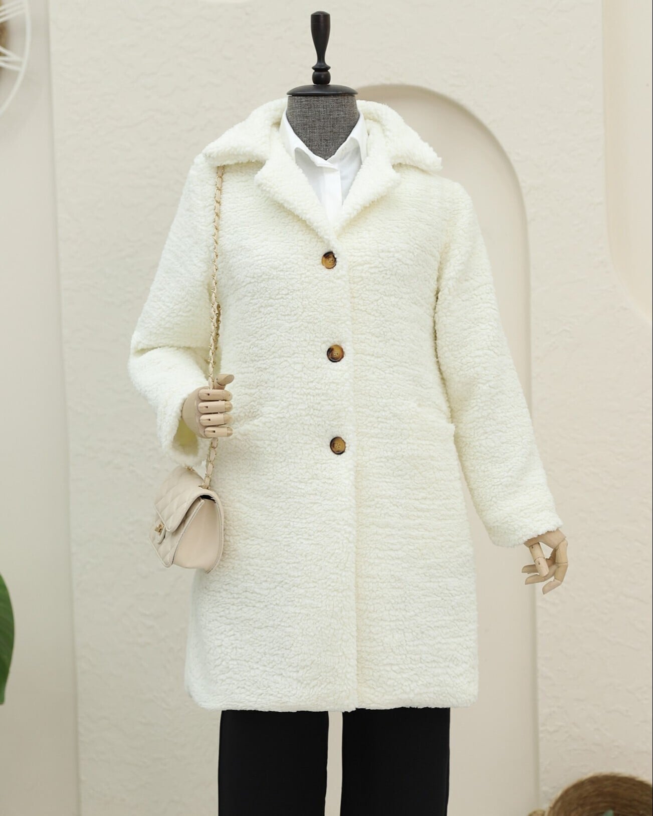 Cream Plush Buttoned Lined Long Coat with Front Pockets - Podyumplus - by Peralane - photo 2