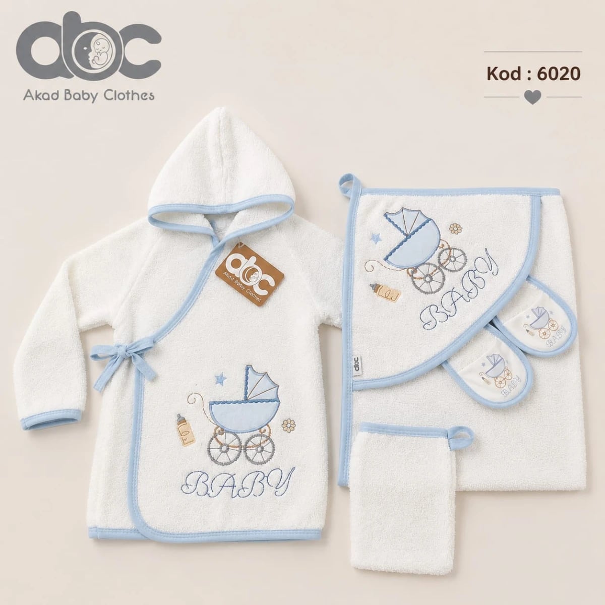 Baby Welcome Set: Hooded Wrap, Hooded Towel, Washcloth, and Booties - White with Light Blue Trim - Has Bereket - by Peralane