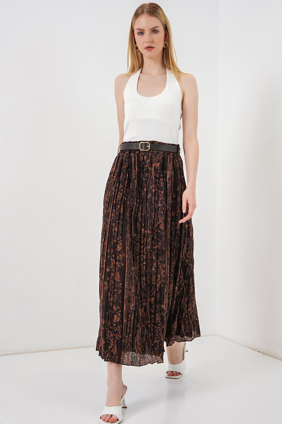 Women's Belted Patterned Skirt 8074 - Brown - Bigdart - by Peralane - photo 4