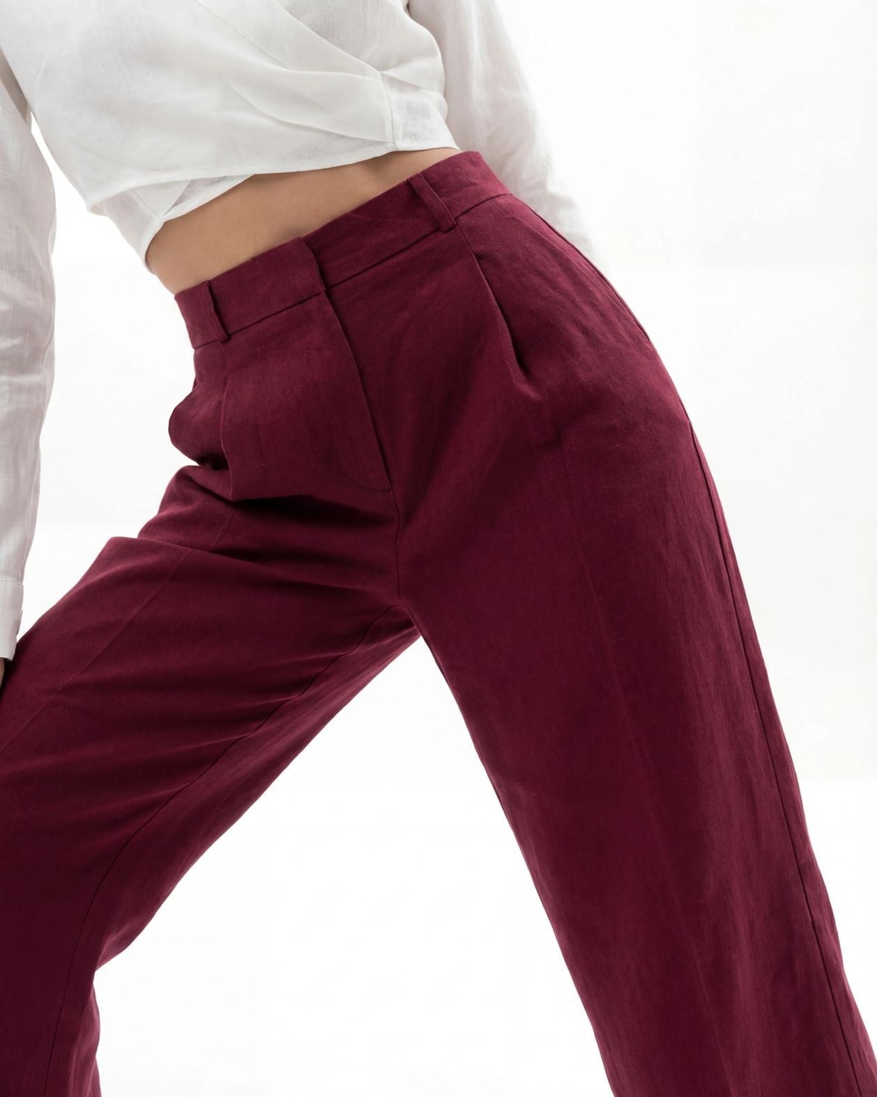 Women's High-Waist Wide-Leg Linen Trousers in Burgundy - Fame - by Peralane - photo 2