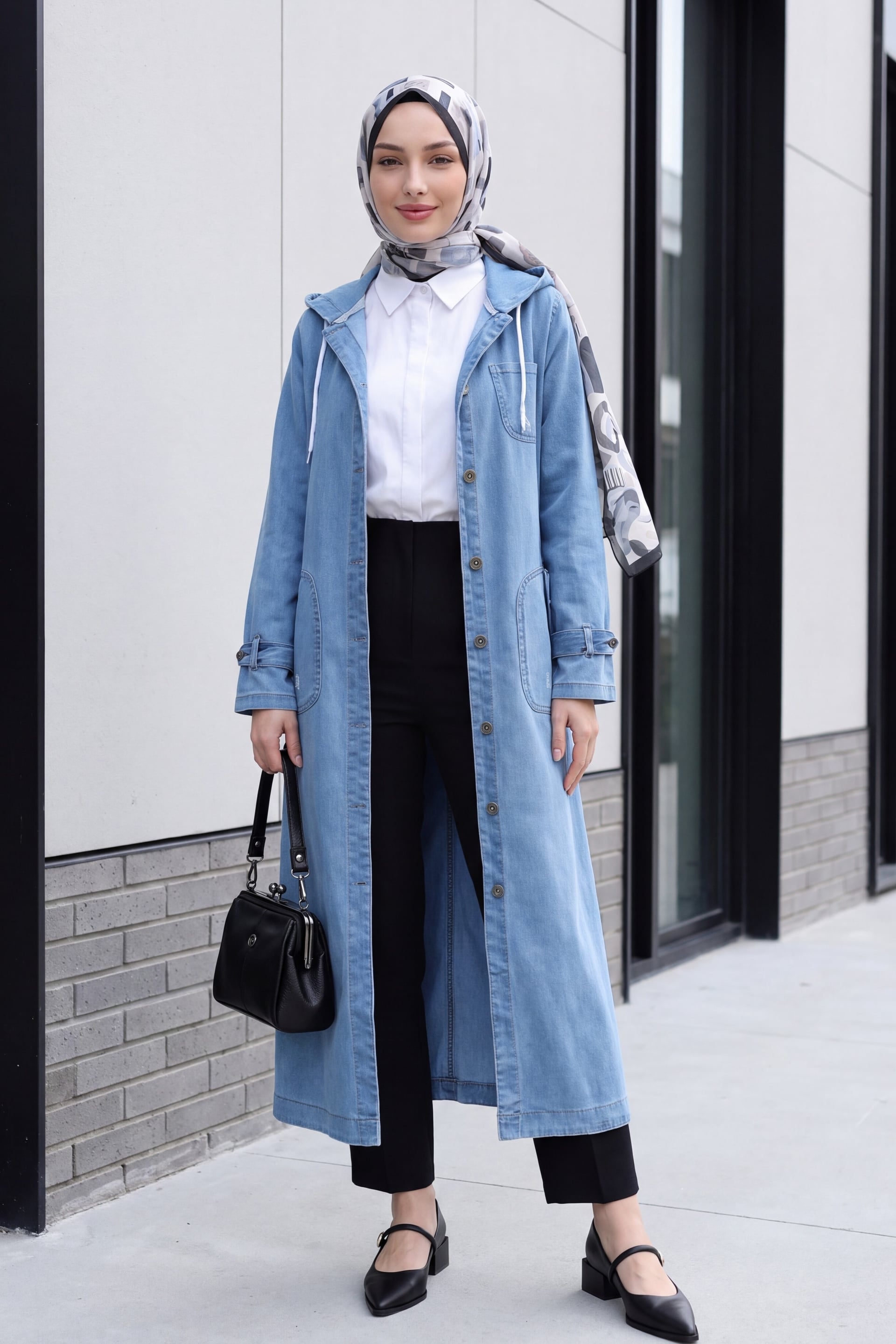 Long Denim Jacket with Hood - Blue - Podyumplus - by Peralane - photo 2