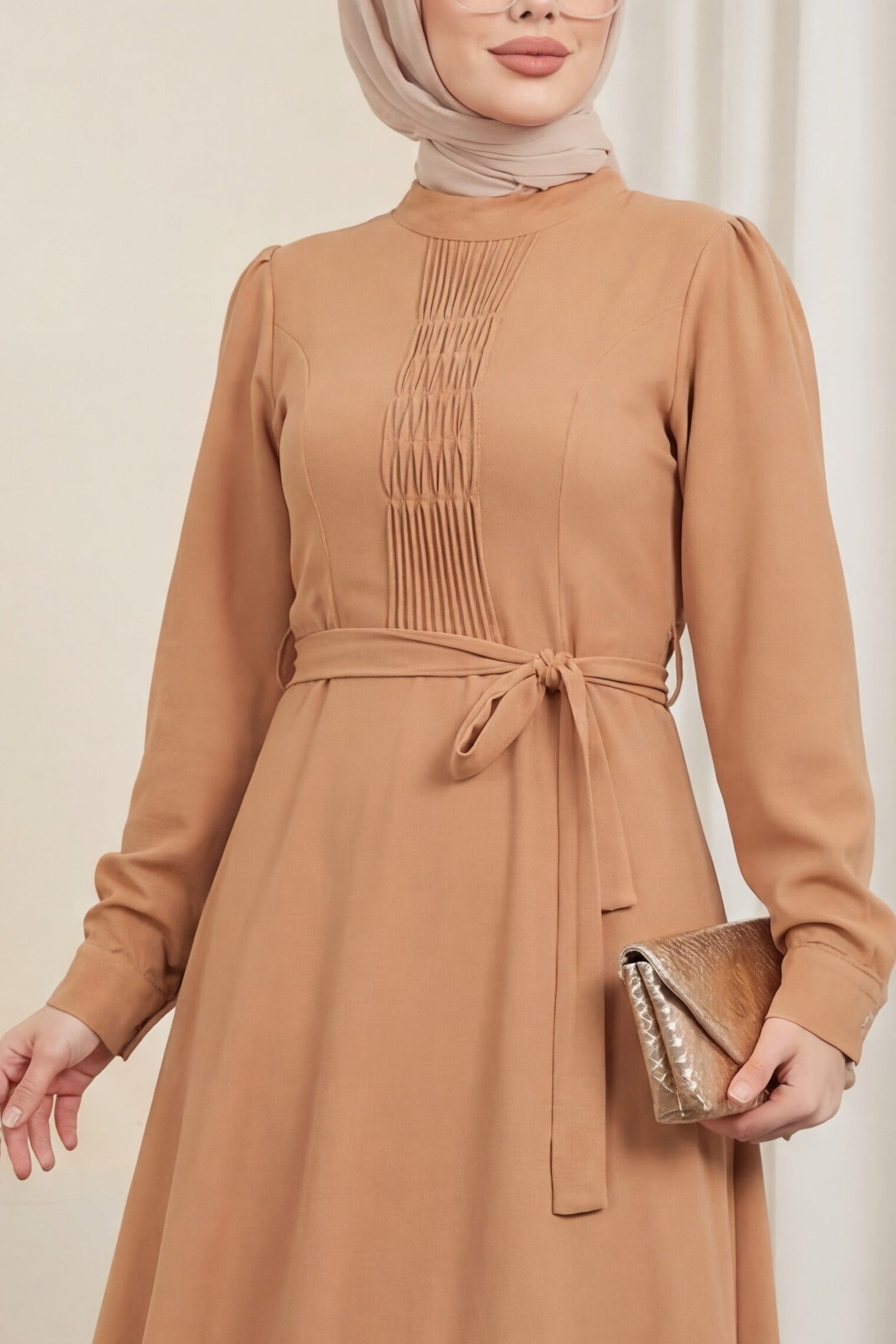 Ayrobin Dress with Chima Detail and Belt - Cinnamon - Podyumplus - by Peralane - photo 2