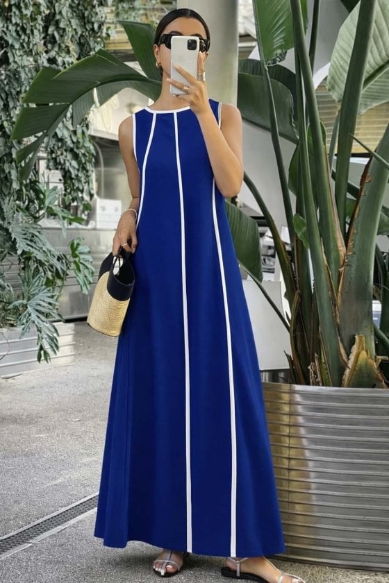 Women's Sleeveless Maxi Dress with Off-Shoulder Neckline and Thin Stripe Detail in Royal Blue Viscose - Janes - by Peralane