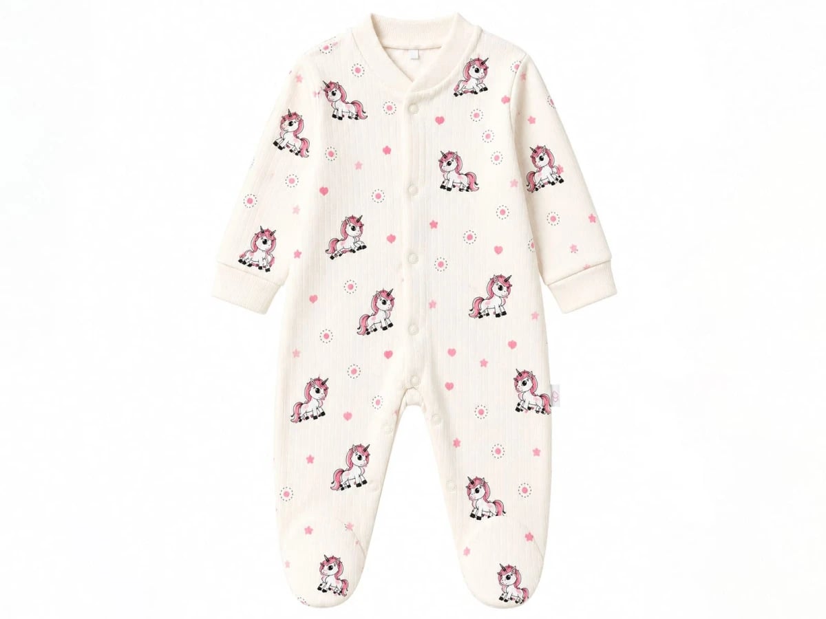 Unicorn Print Baby Girl Footed Romper - Cream - Supermini - by Peralane