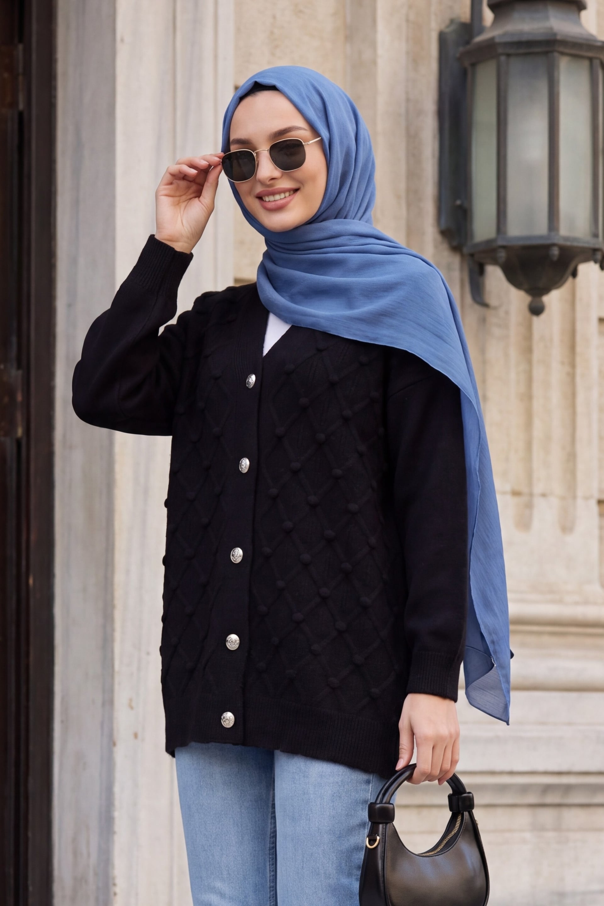 Women's Black Knitted Cardigan with Raised Bobble Details and Button Fastening - Podyumplus - by Peralane - photo 2