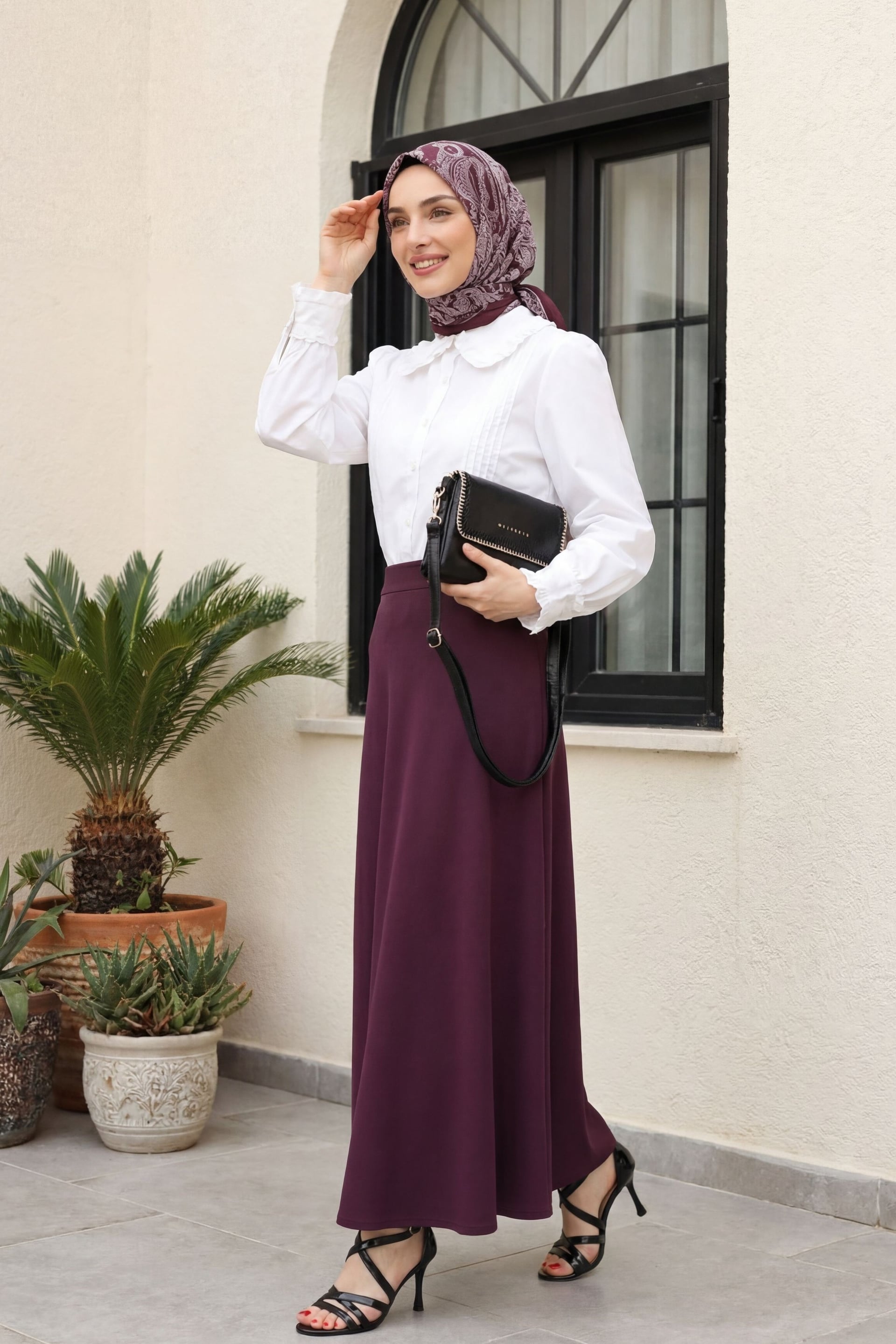 Burgundy Lycra Crepe Flared Maxi Skirt - Podyumplus - by Peralane - photo 7