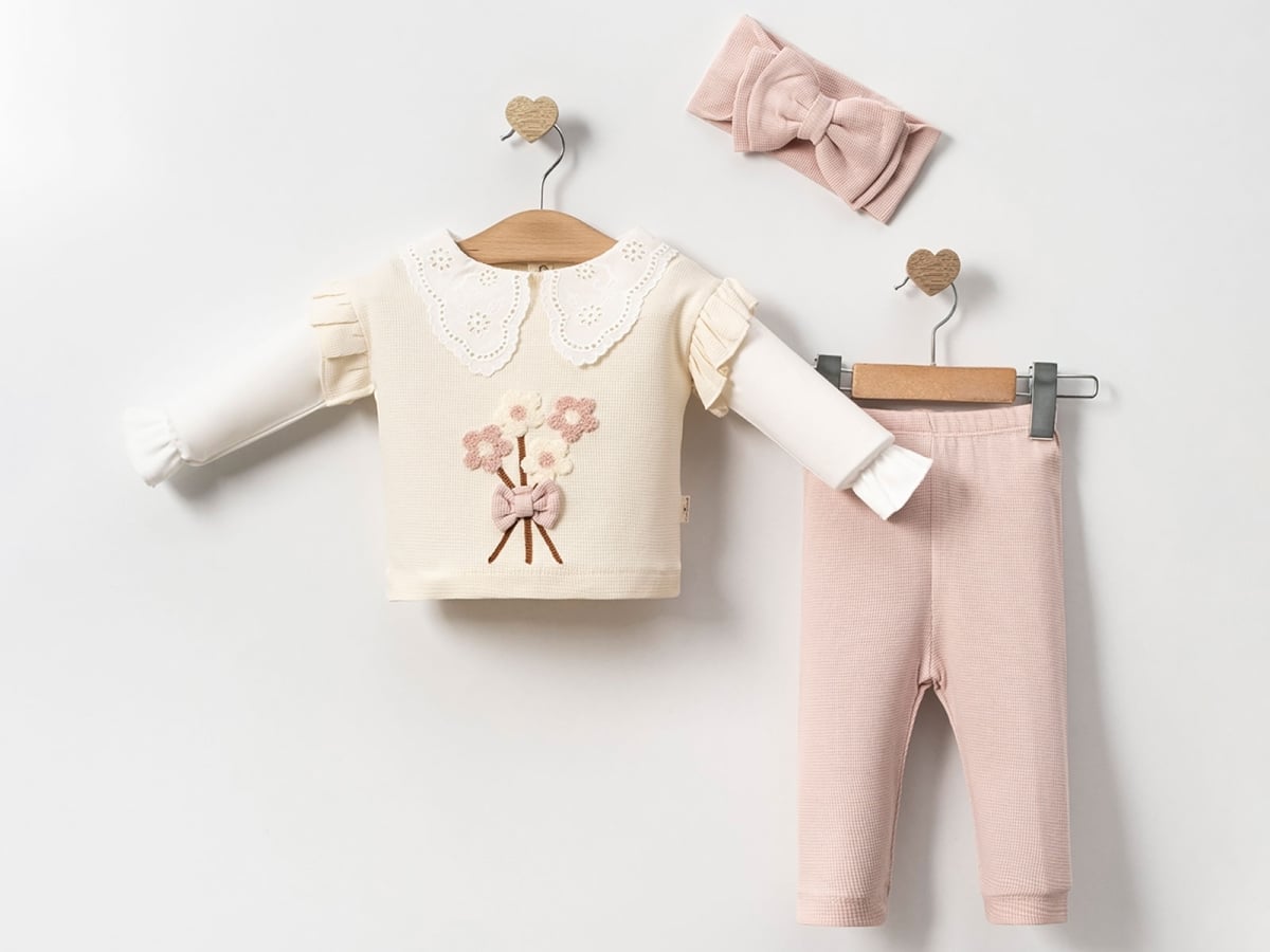 Girls' Baby Set with Floral Embroidery and Lace Collar - Cayzen - by Peralane