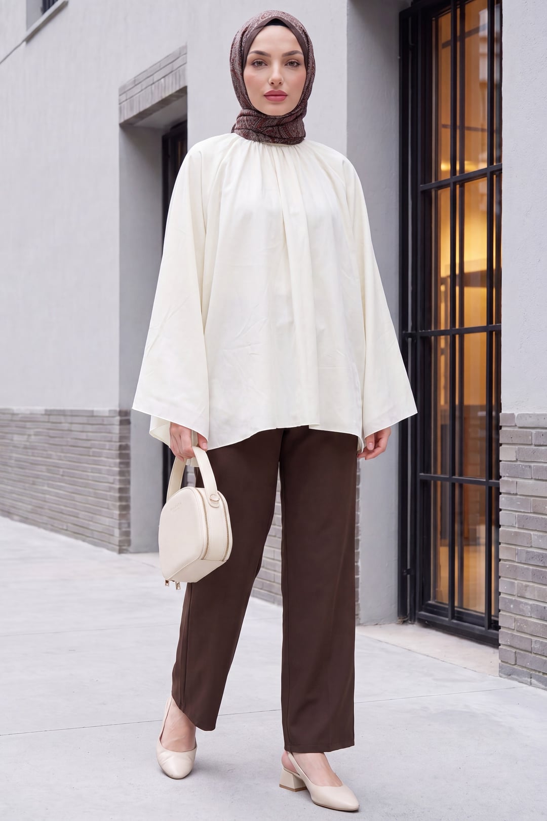 Cream Lined Voile Blouse with Gathered Neckline and Spanish Sleeves - Podyumplus - by Peralane - photo 5