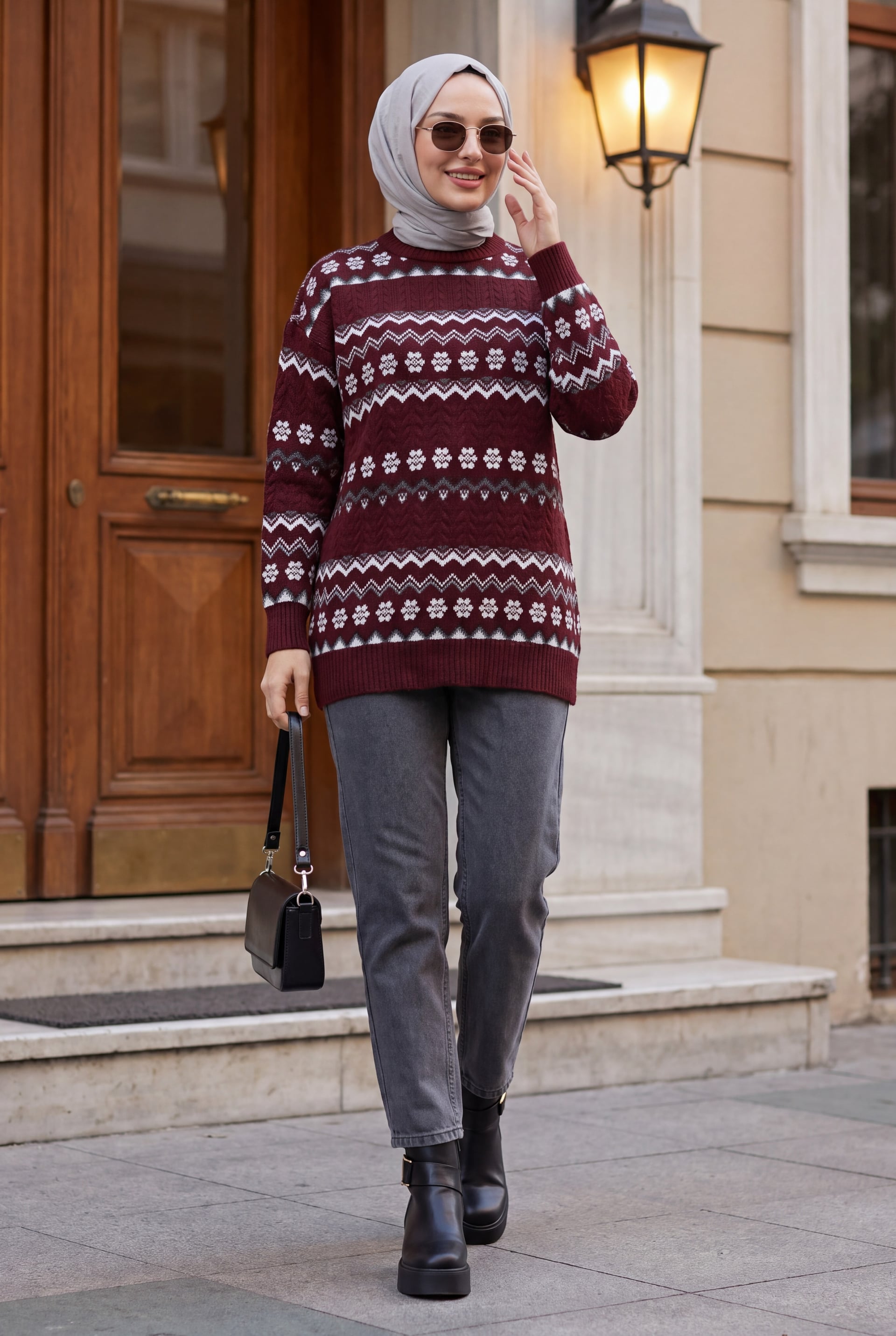 Round Neck Floral Ethnic Pattern Knit Tunic Sweater - Burgundy - Podyumplus - by Peralane - photo 4
