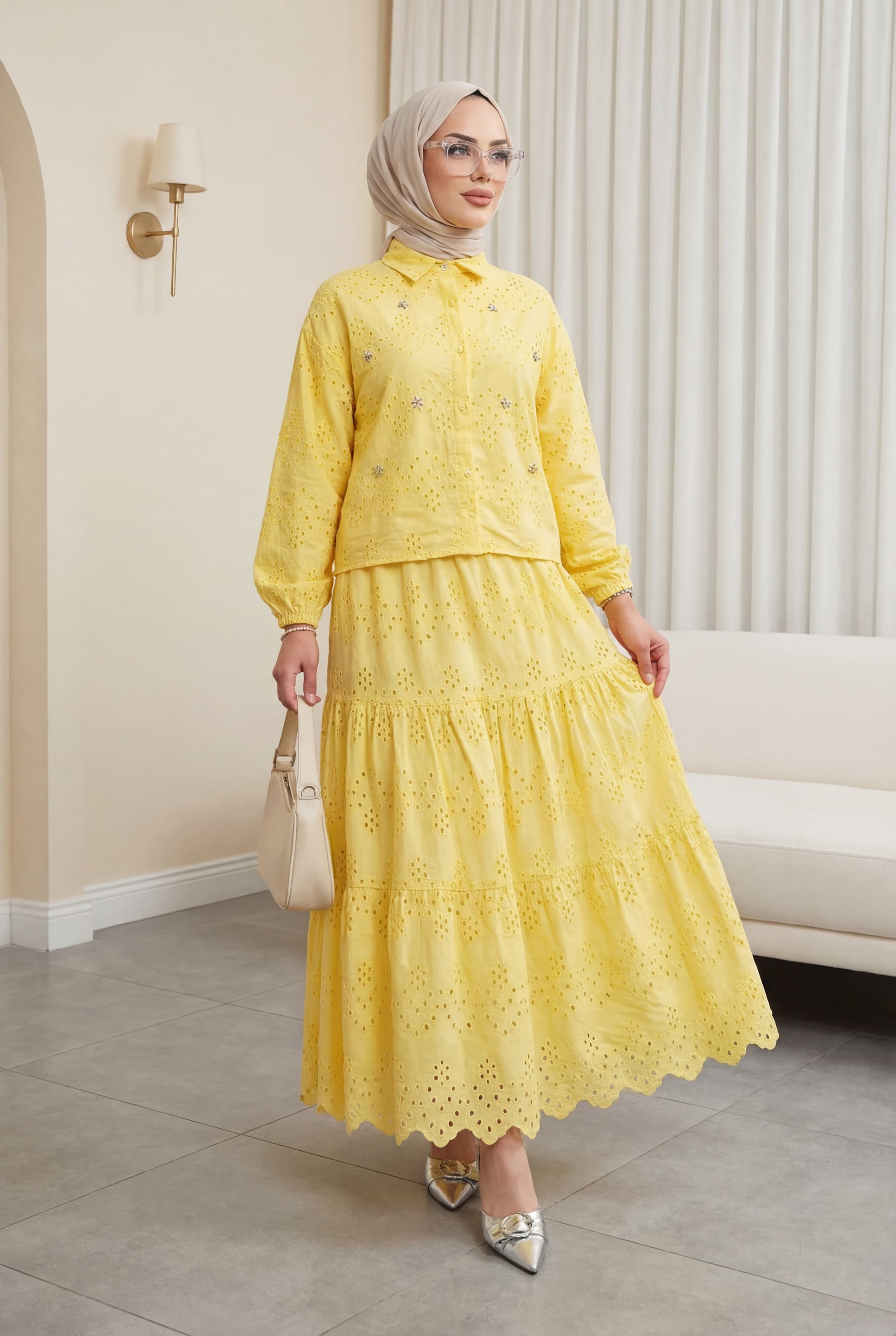 Yellow Eyelet Tiered Dress with Ruffled Hem - Podyumplus - by Peralane - photo 6
