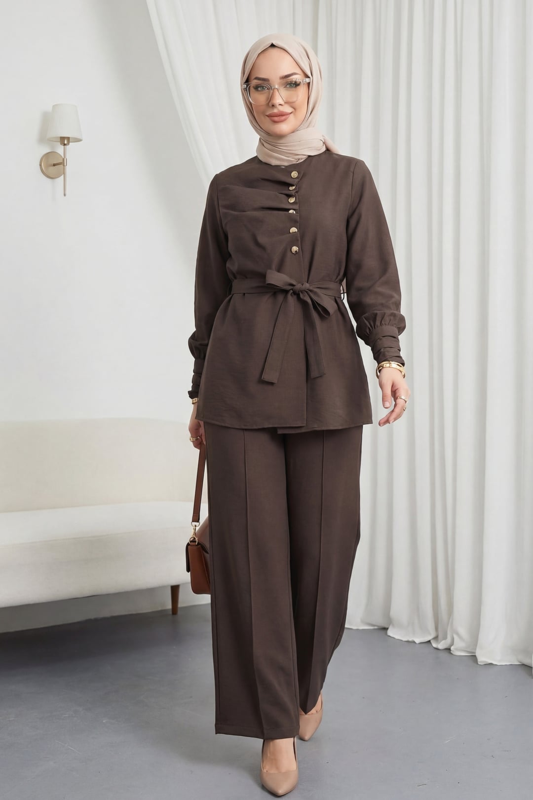 Cupra Two-Piece Set with Tunic Top and Wide-Leg Trousers - Brown - Podyumplus - by Peralane