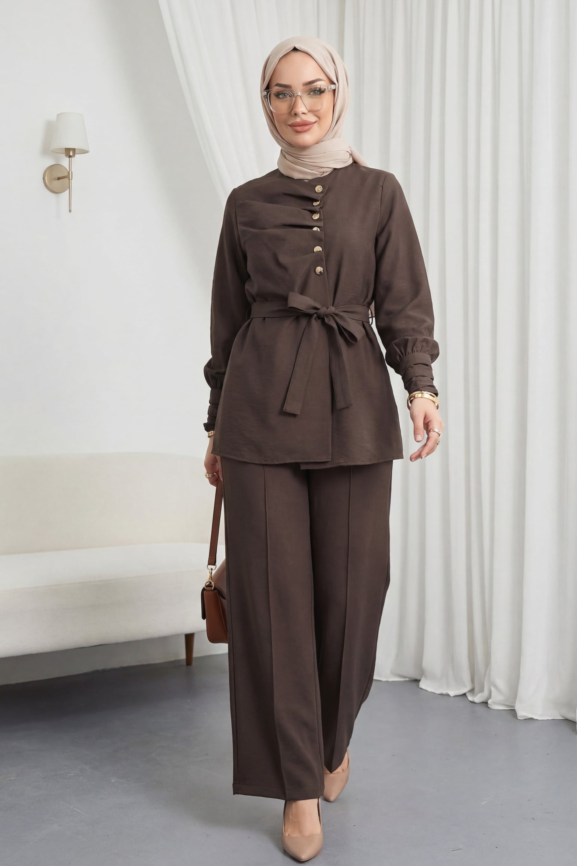 Cupra Two-Piece Set with Tunic Top and Wide-Leg Trousers - Brown - Podyumplus - by Peralane