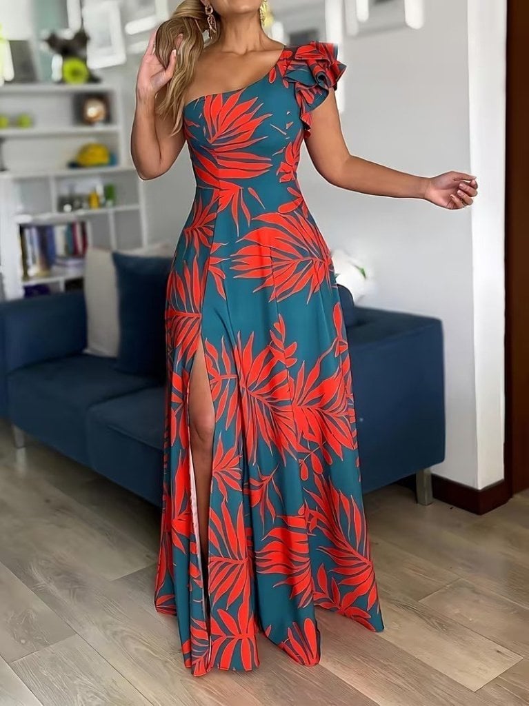 Women's One-Shoulder Maxi Dress with Leaf Print and Side Slit - Janes - by Peralane