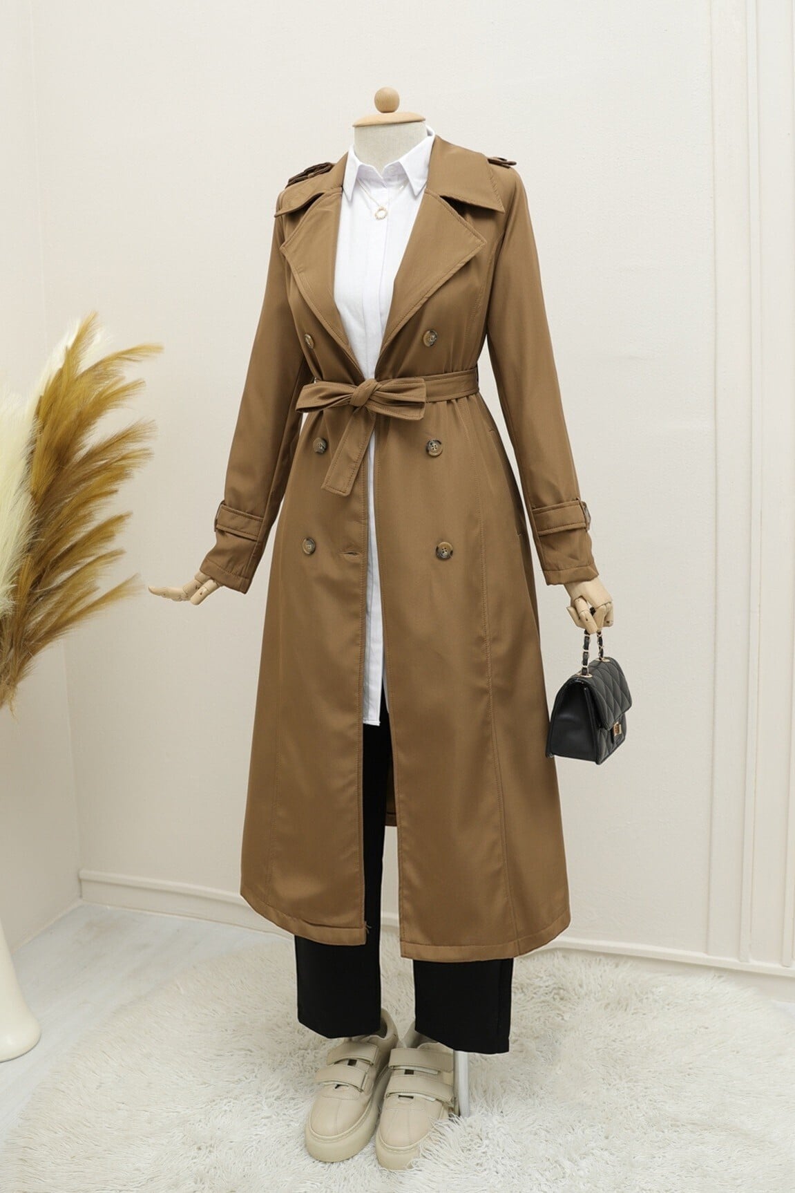 Lined Belted Trench Coat in Tan - Podyumplus - by Peralane - photo 6