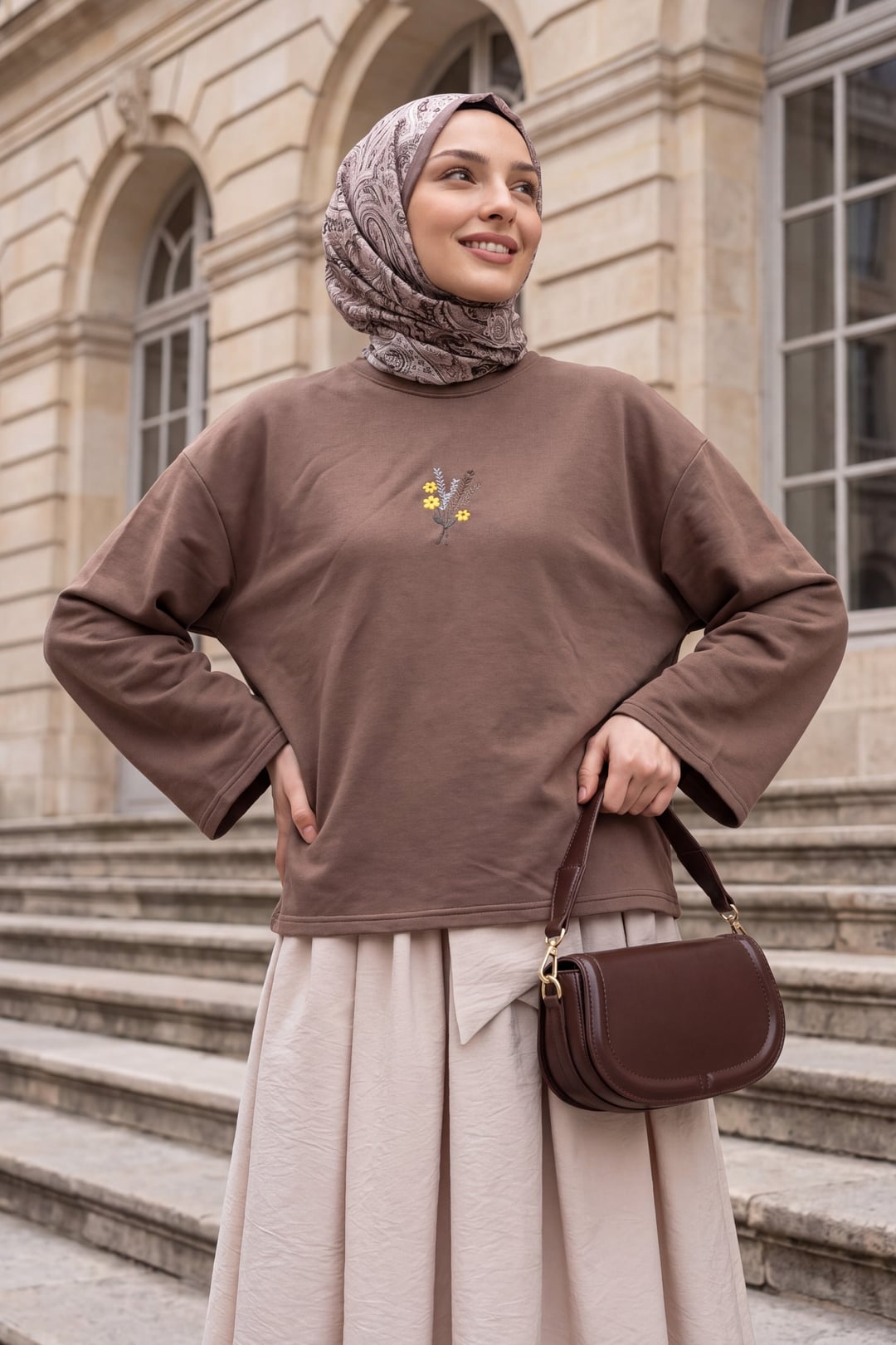 Round Neck Embroidered Floral Oversized Jersey Blouse - Light Brown - Podyumplus - by Peralane