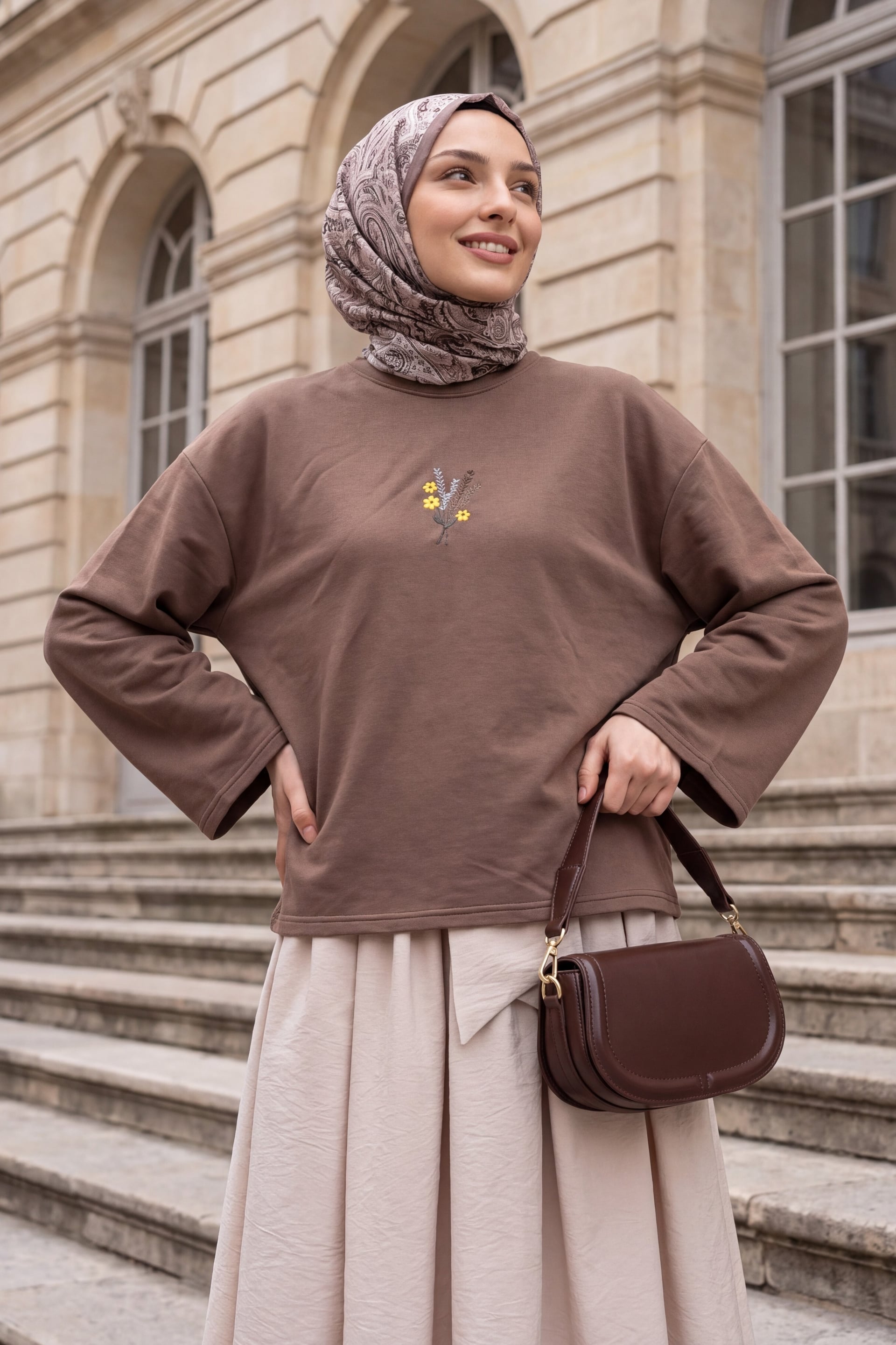 Round Neck Embroidered Floral Oversized Jersey Blouse - Light Brown - Podyumplus - by Peralane