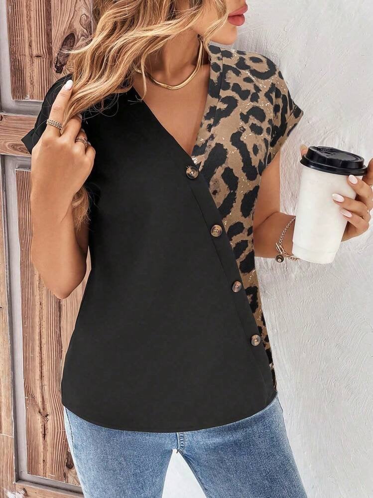 Women's Short-Sleeve V-Neck Button-Front Leopard Print Viscose Blouse - Janes - by Peralane - photo 3