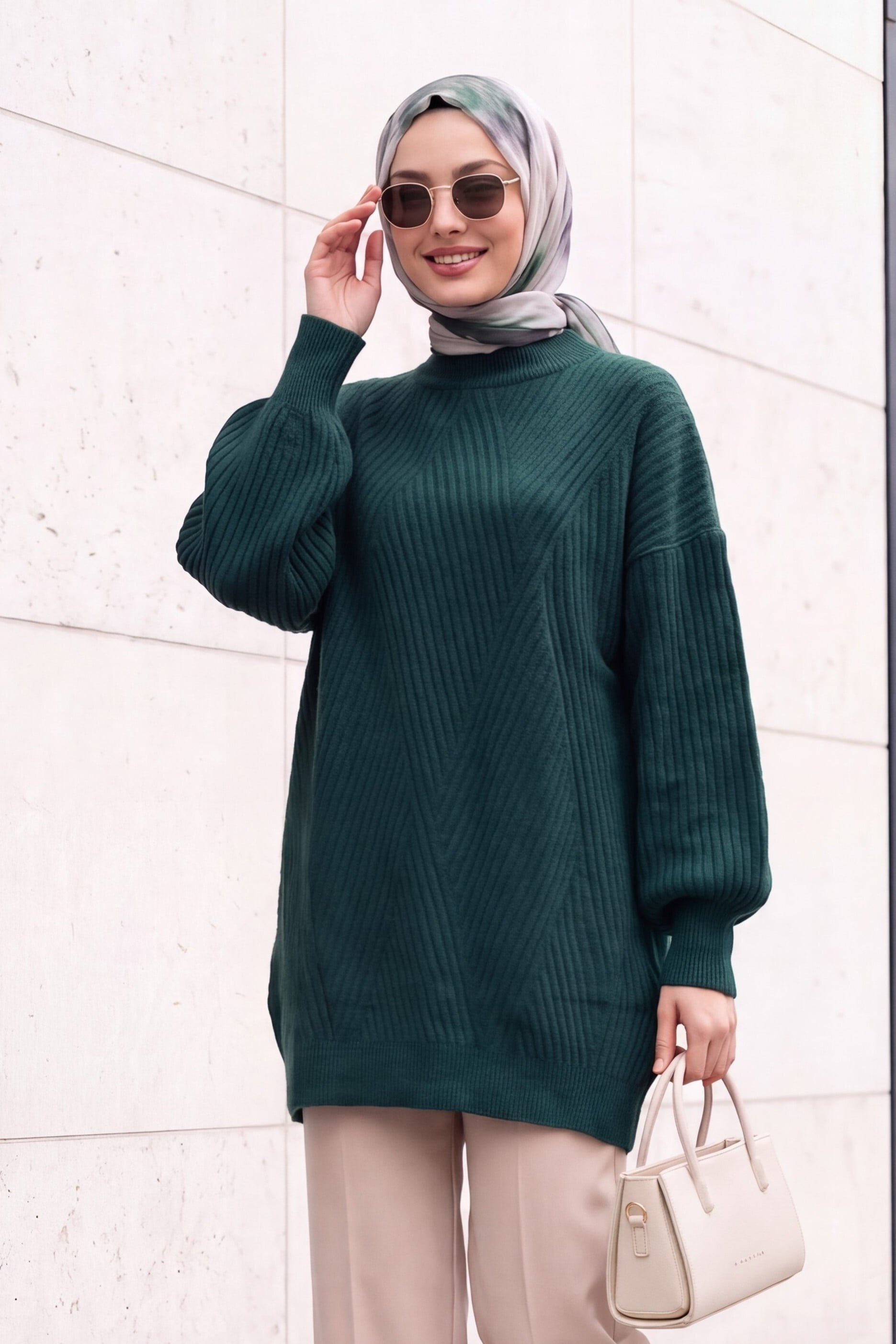 Emerald Green Diamond Pattern Knit Tunic - Podyumplus - by Peralane - photo 2