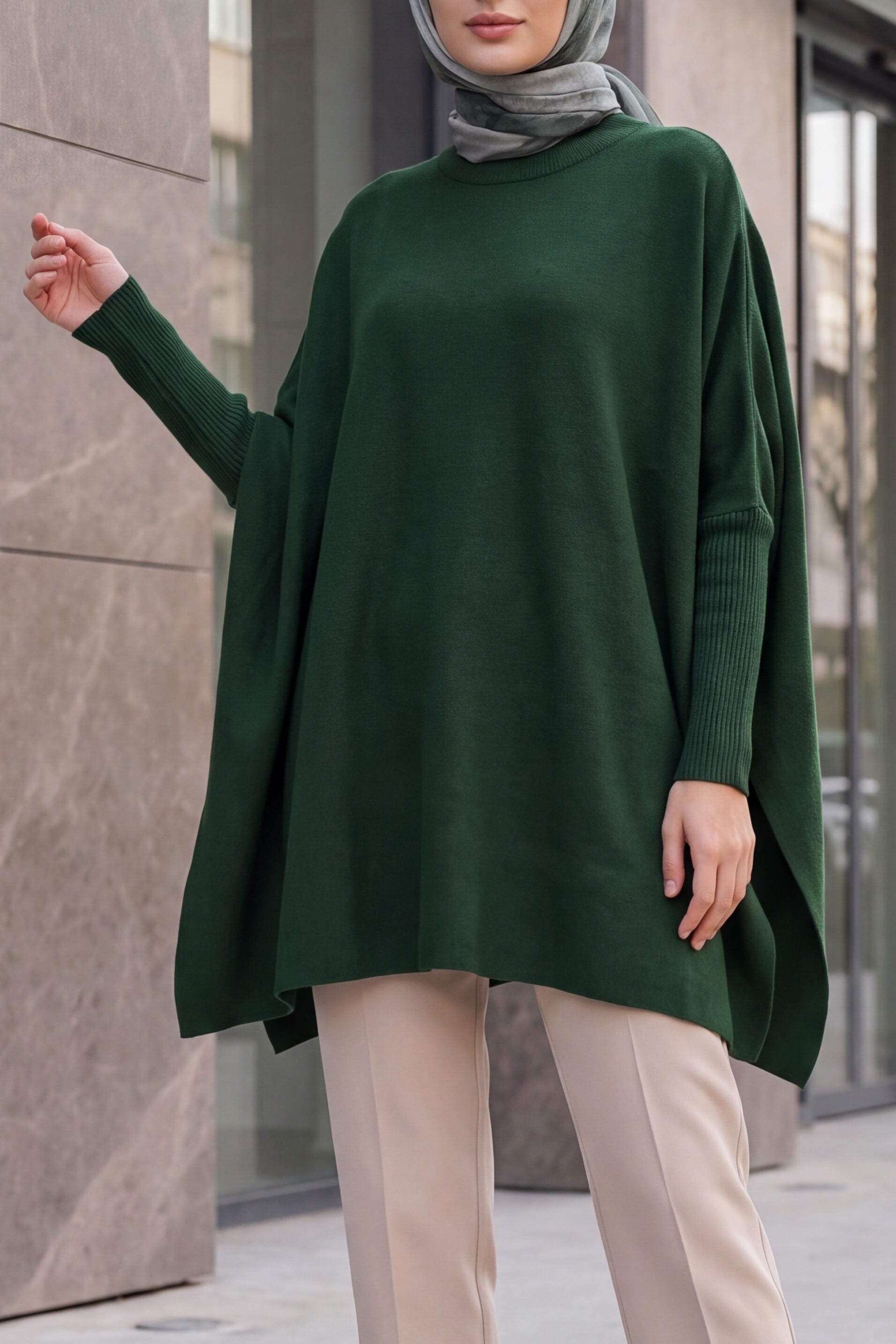 Side Slit Oversize Poncho Knit Sweater - Emerald Green - Bigdart - by Peralane