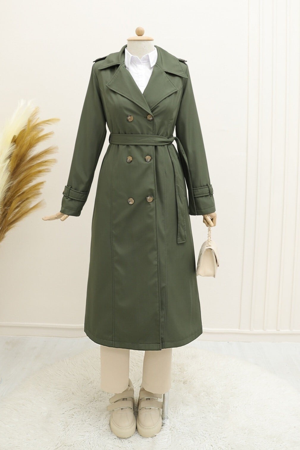 Women's Lined Belted Trench Coat - Olive Green - Podyumplus - by Peralane - photo 3