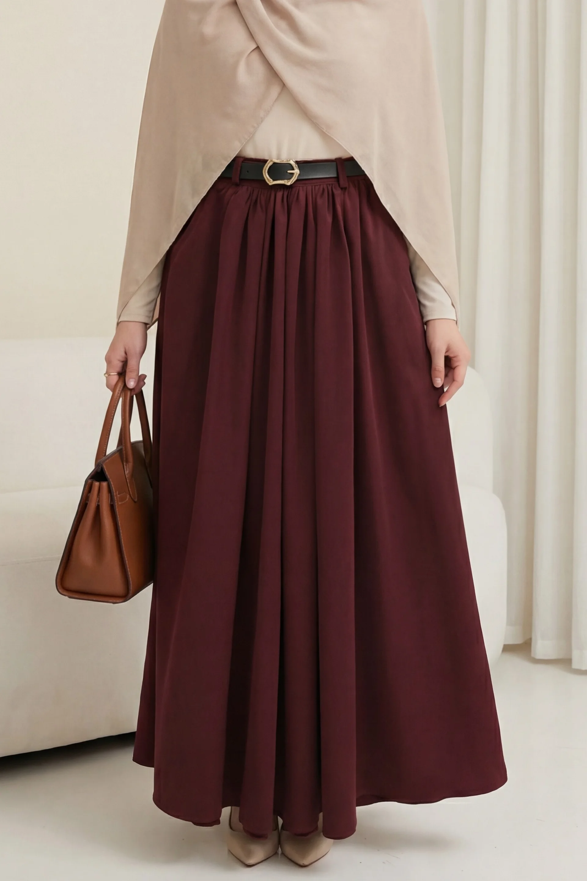 Burgundy Pleated Tweed Skirt with Buckle Belt and Side Pockets - Podyumplus - by Peralane - photo 4