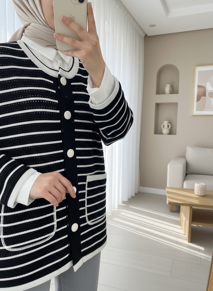 Black and White Striped Cardigan with White Collar and Buttons for Women - Podyumplus - by Peralane