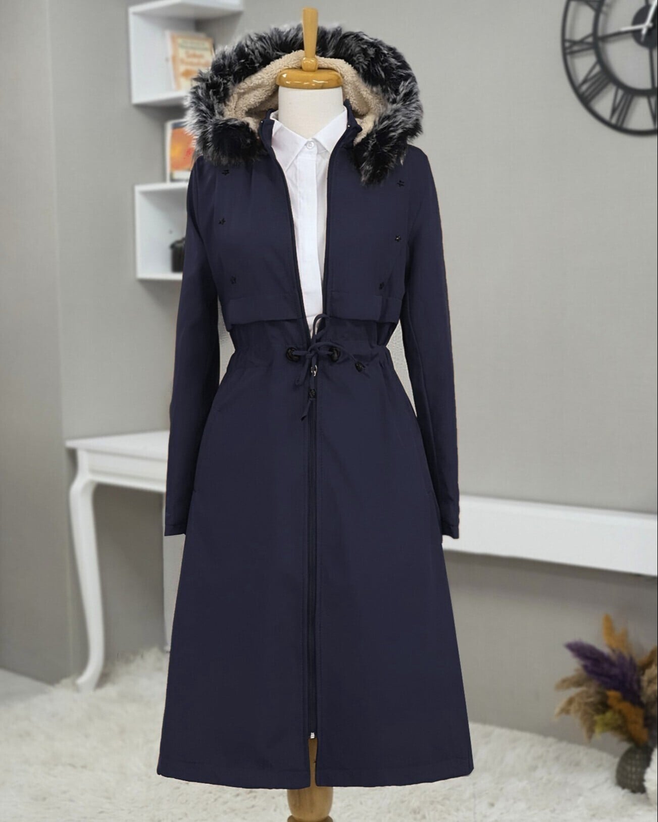 Navy Blue Hooded Long Coat with Faux Fur Lining and Drawstring Waist - Podyumplus - by Peralane - photo 3