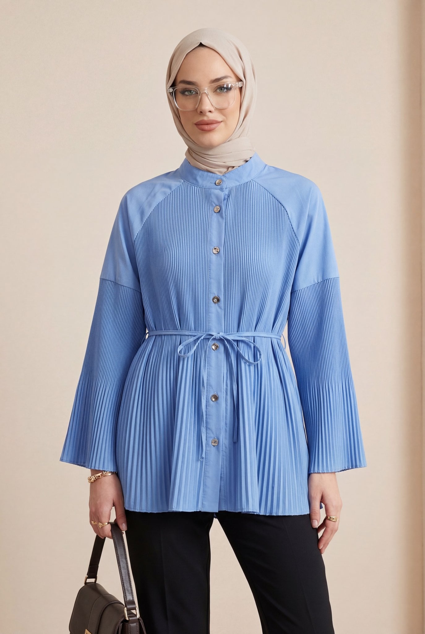 Gold Button Front and Sleeves Pleated Lace-Up Shirt - Blue - Podyumplus - by Peralane - photo 4