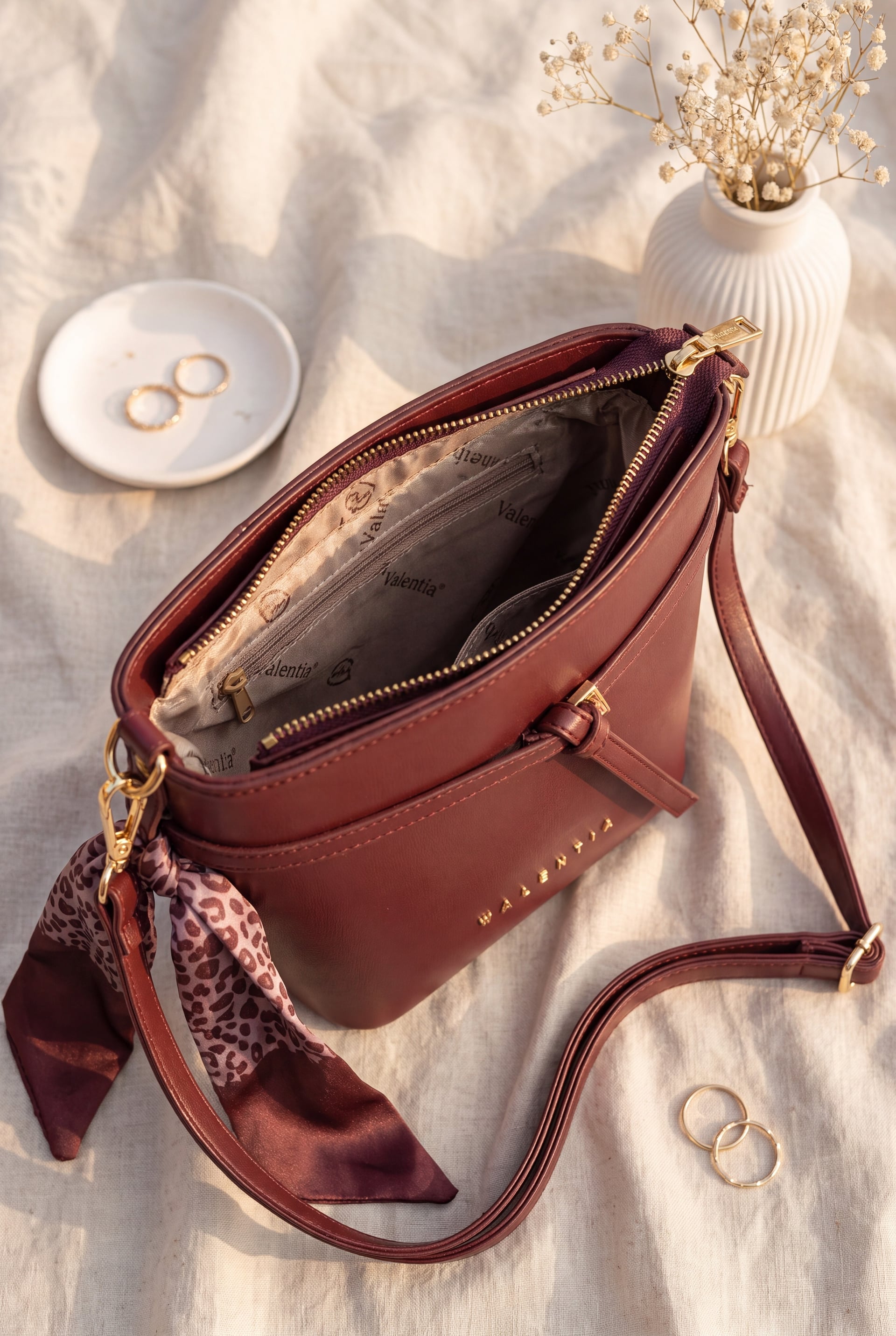Burgundy Faux Leather Crossbody Bag with Belt and Scarf Detail - Podyumplus - by Peralane - photo 2