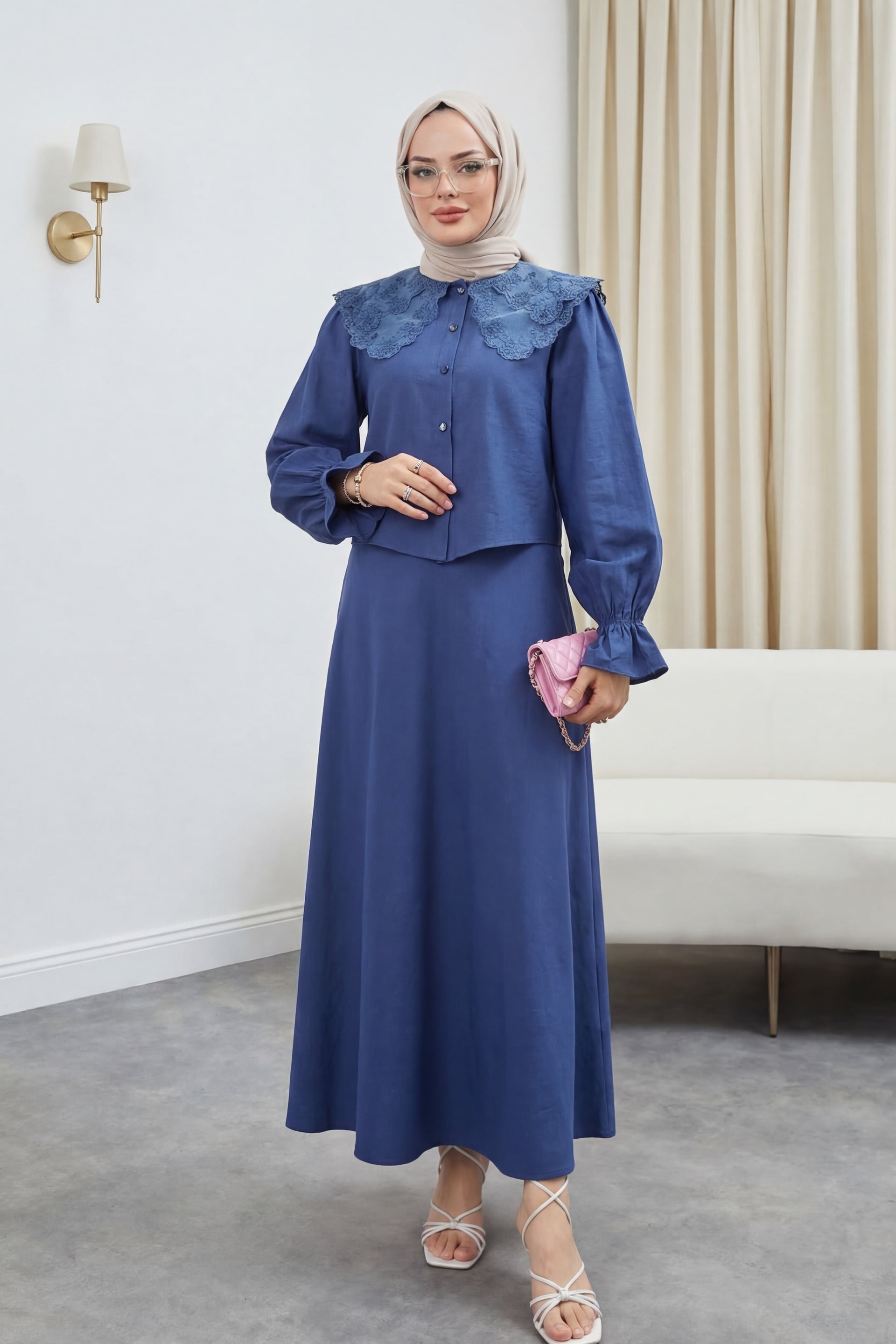 Baby Collar Scalloped Sleeve Blouse and Flared Skirt Set - Navy - Podyumplus - by Peralane