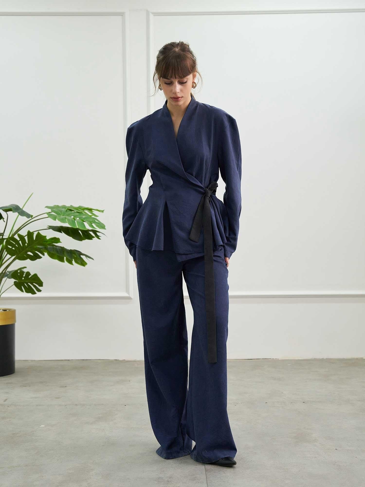 Navy Blue Belted Wide-Leg Trousers - Lefon - by Peralane - photo 7