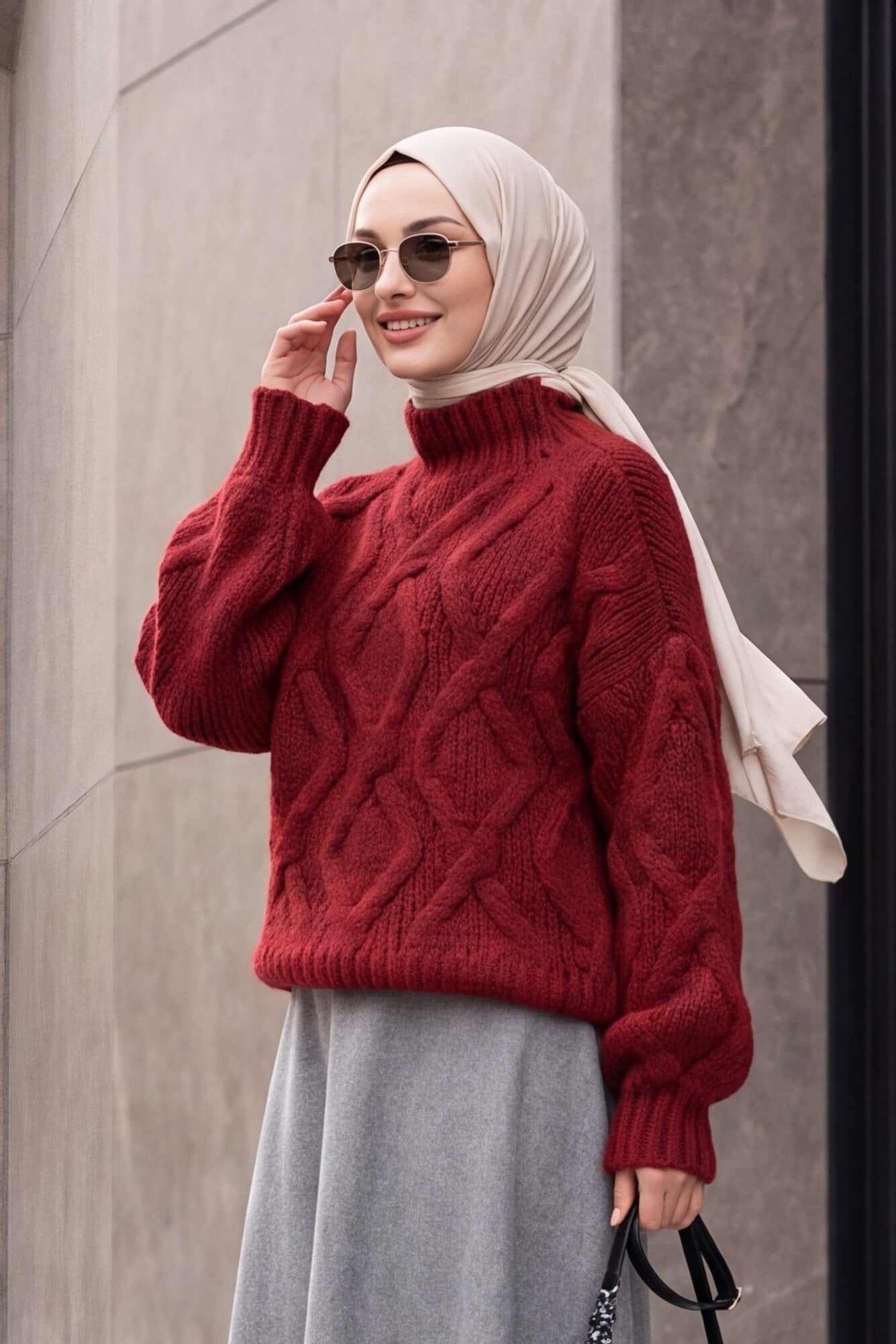Half Turtleneck Cable Knit Sweater - Burgundy - Podyumplus - by Peralane - photo 2