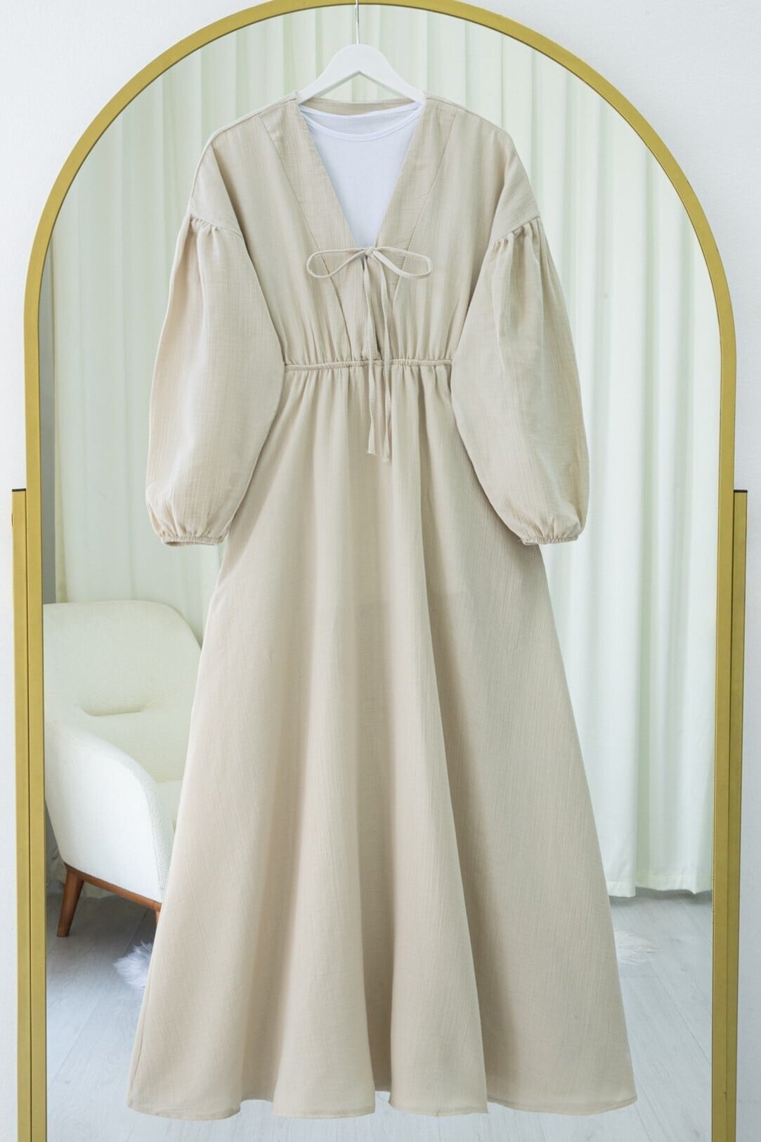 Drawstring V-Neck Muslin Dress with Elastic Cuffs and Waist - Stone - Podyumplus - by Peralane - photo 3