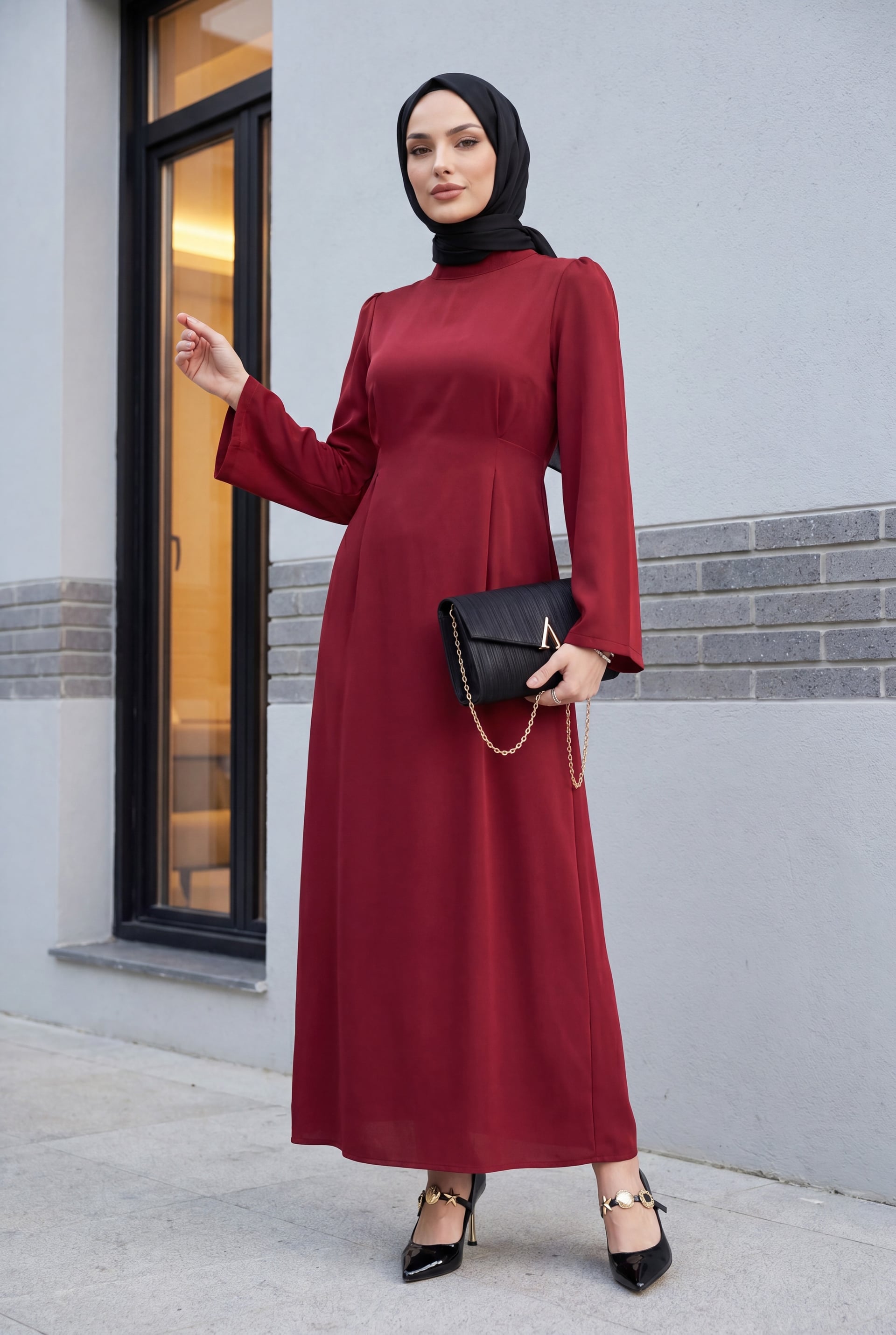 Red High Neck Tie-Waist Dress - Podyumplus - by Peralane - photo 3