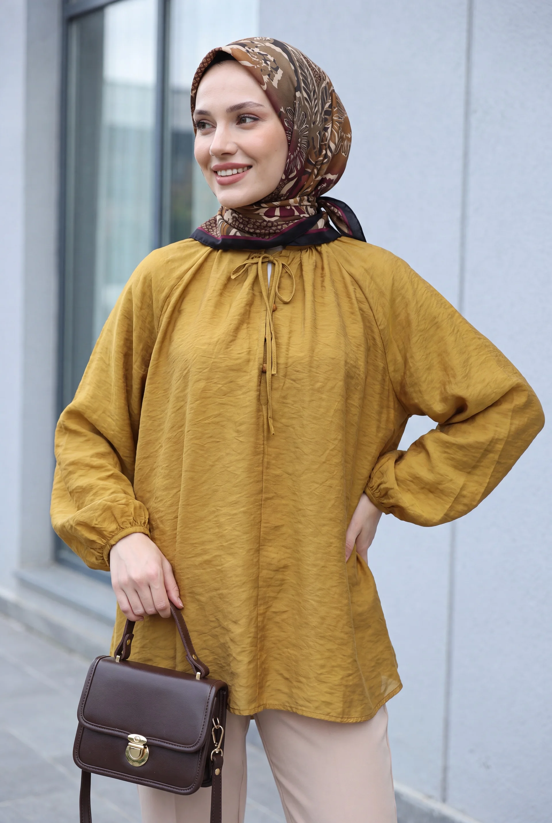 Tie-Front Half-Button Lined Oversize Tulle Voile Blouse - Tan - Podyumplus - by Peralane - photo 4