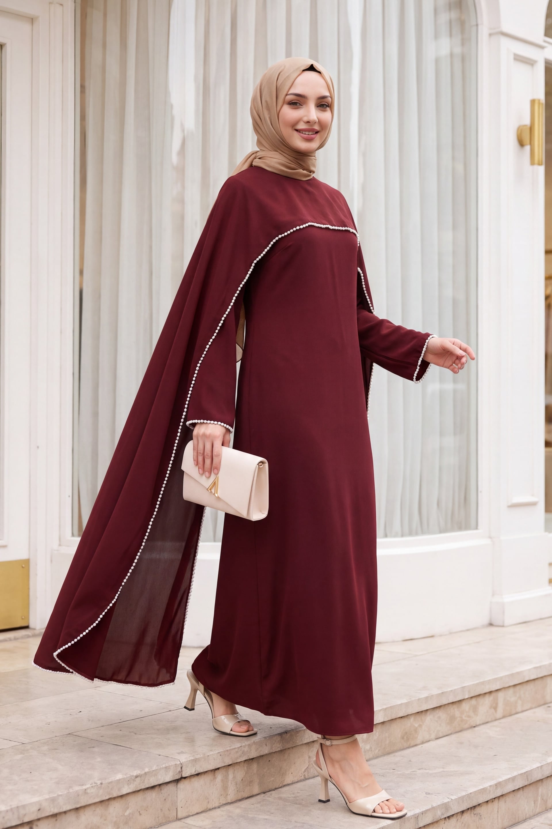 Burgundy Abaya Dress with Pearl Details and Detachable Cape - Podyumplus - by Peralane