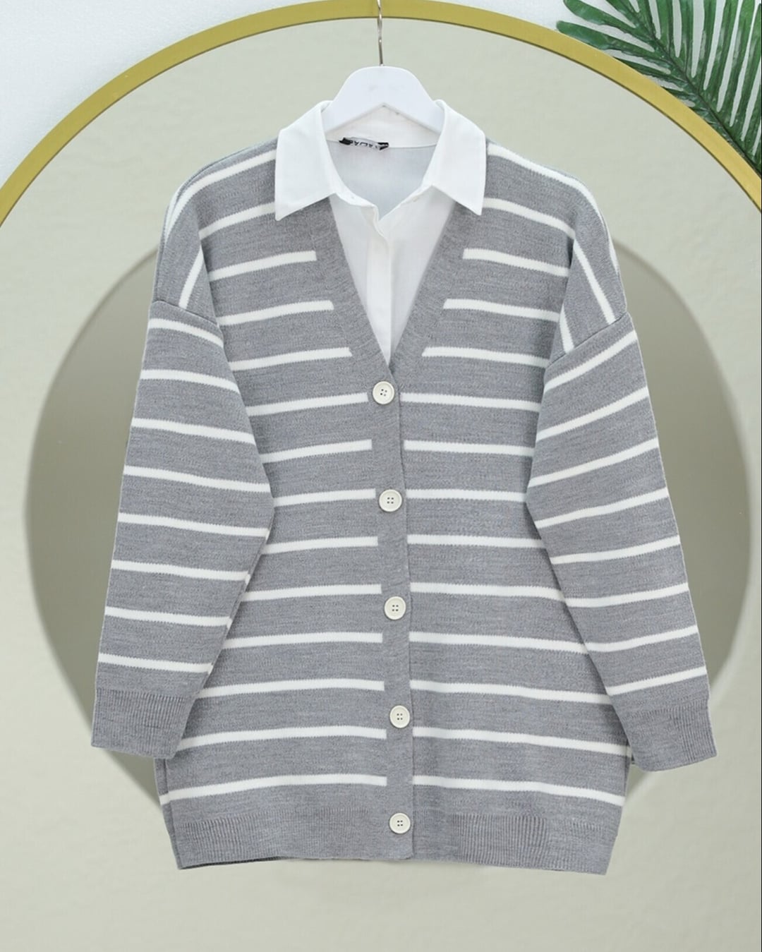Striped Button Front V-Neck Knit Cardigan - Grey - Podyumplus - by Peralane - photo 3