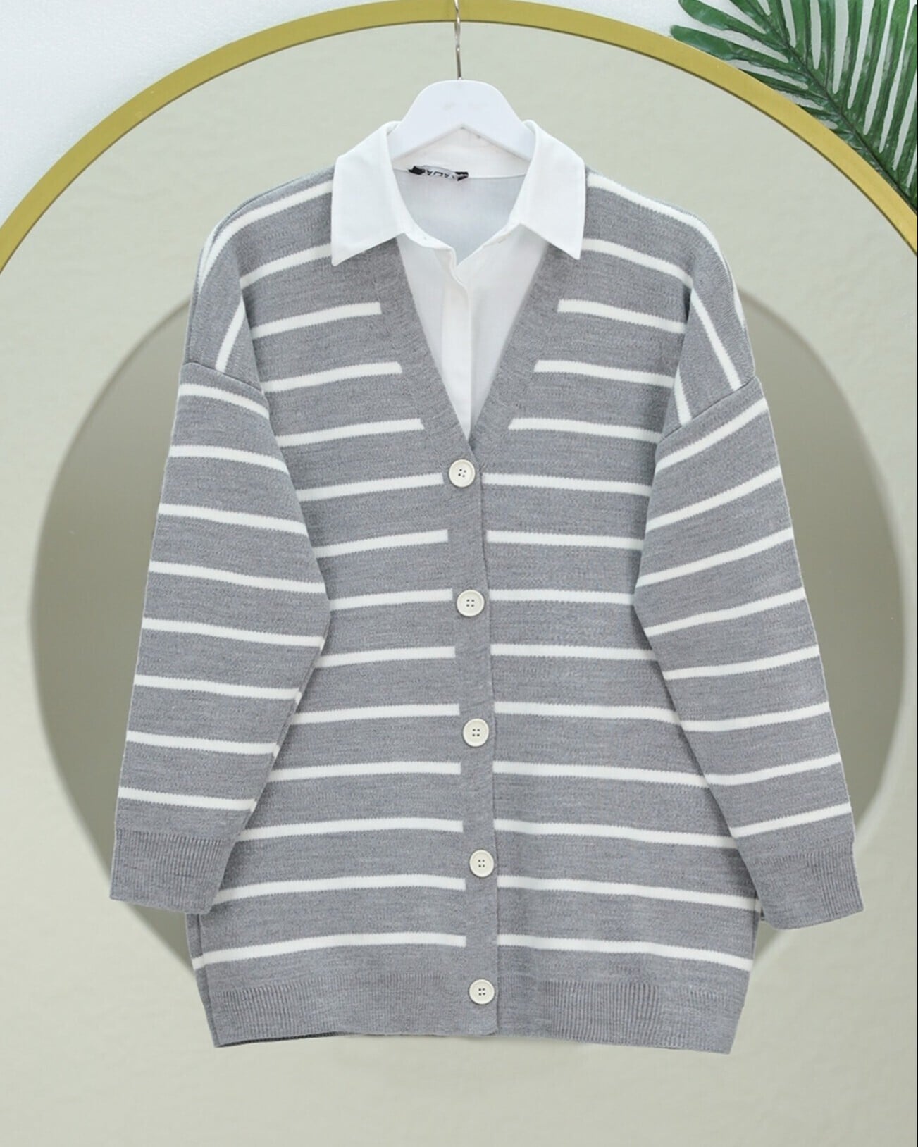 Striped Button-Front V-Neck Knit Cardigan - Grey - Podyumplus - by Peralane - photo 3