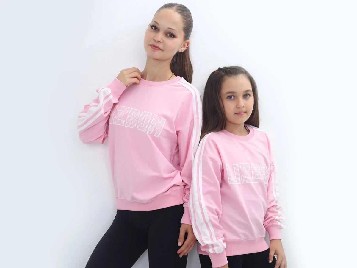 Girls' Pink Sweatshirt with White Sleeve Stripes and Rhinestone Text - Vizviz - by Peralane