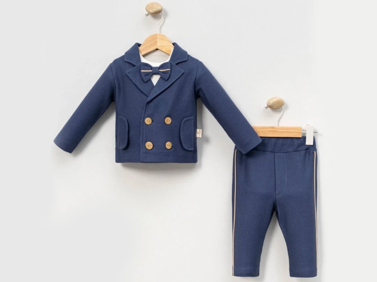Navy Blue Bow Tie Baby Boy Formal Set with Jacket and Trousers - Cayzen - by Peralane