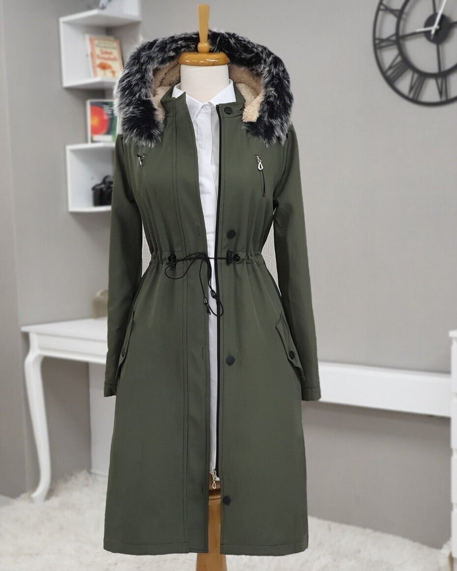 Olive Green Hooded Short Coat with Drawstring Waist - Women's Modest Outerwear - Podyumplus - by Peralane - photo 2